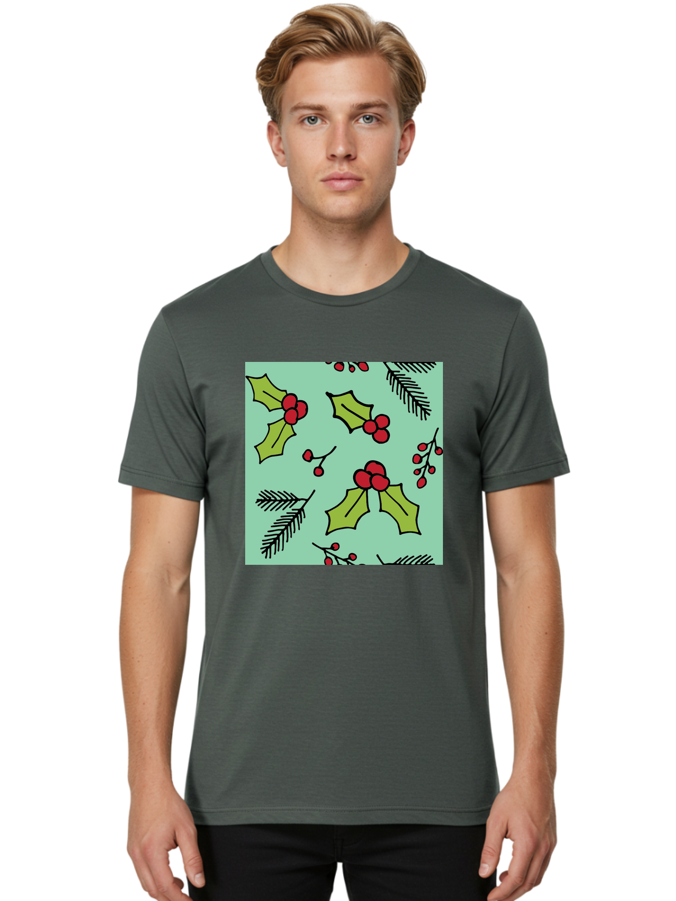 Holly-Pattern Men'S Graphic Tee, 100% Cotton, Comfortable Casual Summer Wear, Machine Washable, Holly Leaves, Red Berries, Festive Pattern, Christmas Decor, Winter Theme, Seasonal Design, Holiday Illustration, Green Leaves, Black Outlines -  Aaa937 28