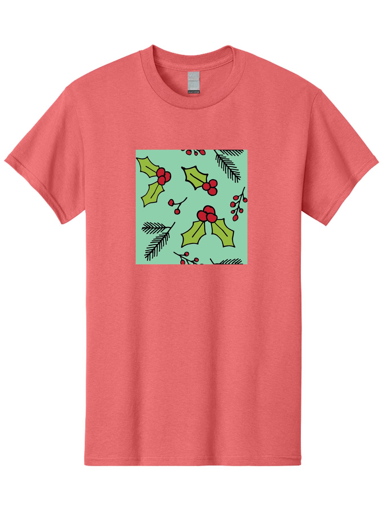 Holly-Pattern Men'S Graphic Tee, 100% Cotton, Comfortable Casual Summer Wear, Machine Washable, Holly Leaves, Red Berries, Festive Pattern, Christmas Decor, Winter Theme, Seasonal Design, Holiday Illustration, Green Leaves, Black Outlines -  Aaa937 19