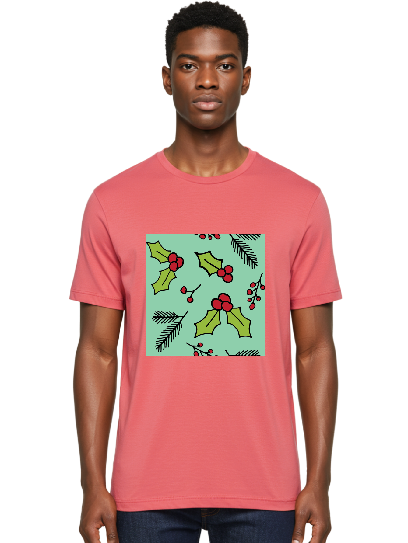 Holly-Pattern Men'S Graphic Tee, 100% Cotton, Comfortable Casual Summer Wear, Machine Washable, Holly Leaves, Red Berries, Festive Pattern, Christmas Decor, Winter Theme, Seasonal Design, Holiday Illustration, Green Leaves, Black Outlines -  Aaa937 20