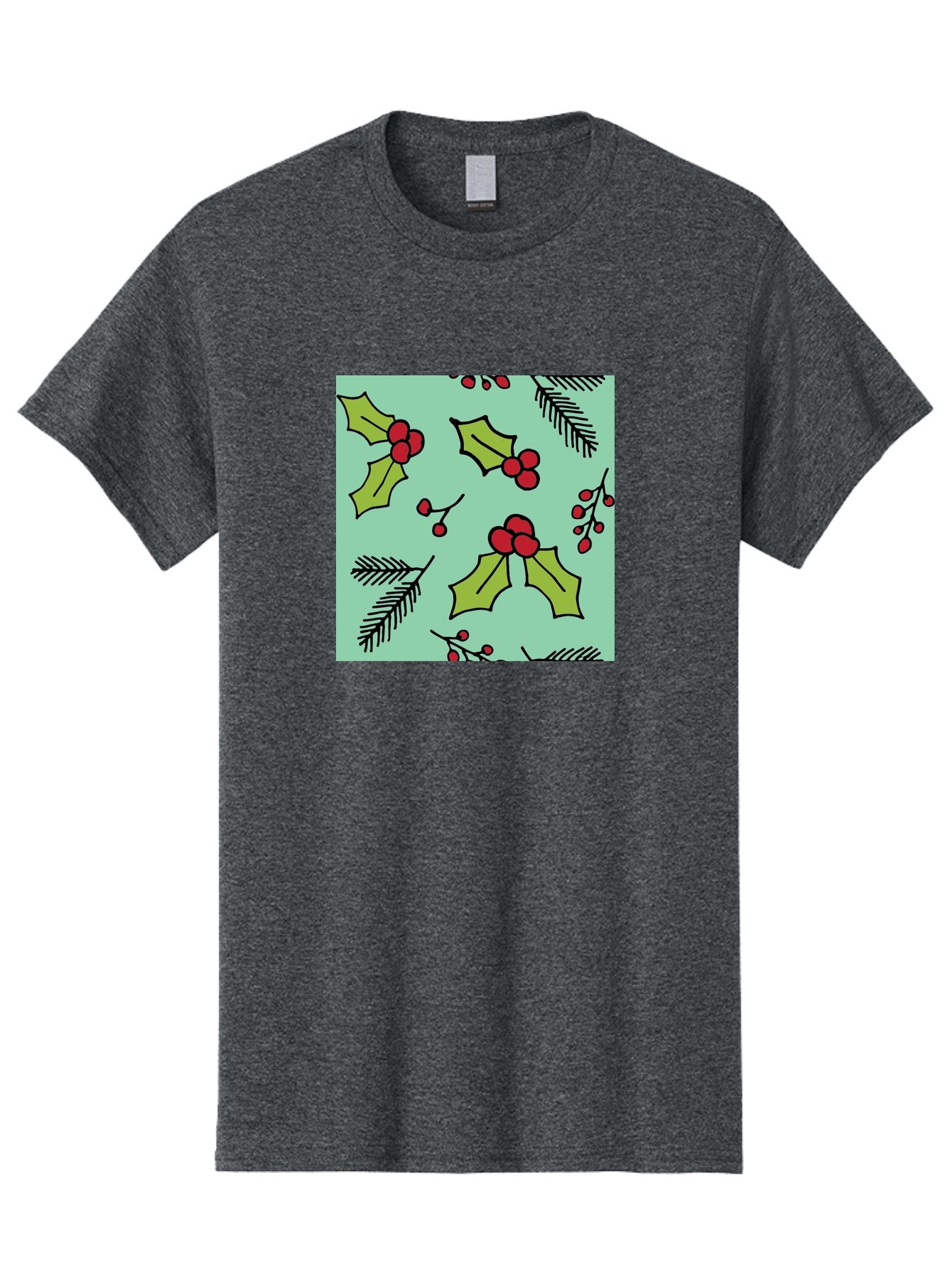 Holly-Pattern Men'S Graphic Tee, 100% Cotton, Comfortable Casual Summer Wear, Machine Washable, Holly Leaves, Red Berries, Festive Pattern, Christmas Decor, Winter Theme, Seasonal Design, Holiday Illustration, Green Leaves, Black Outlines -  Aaa937 13