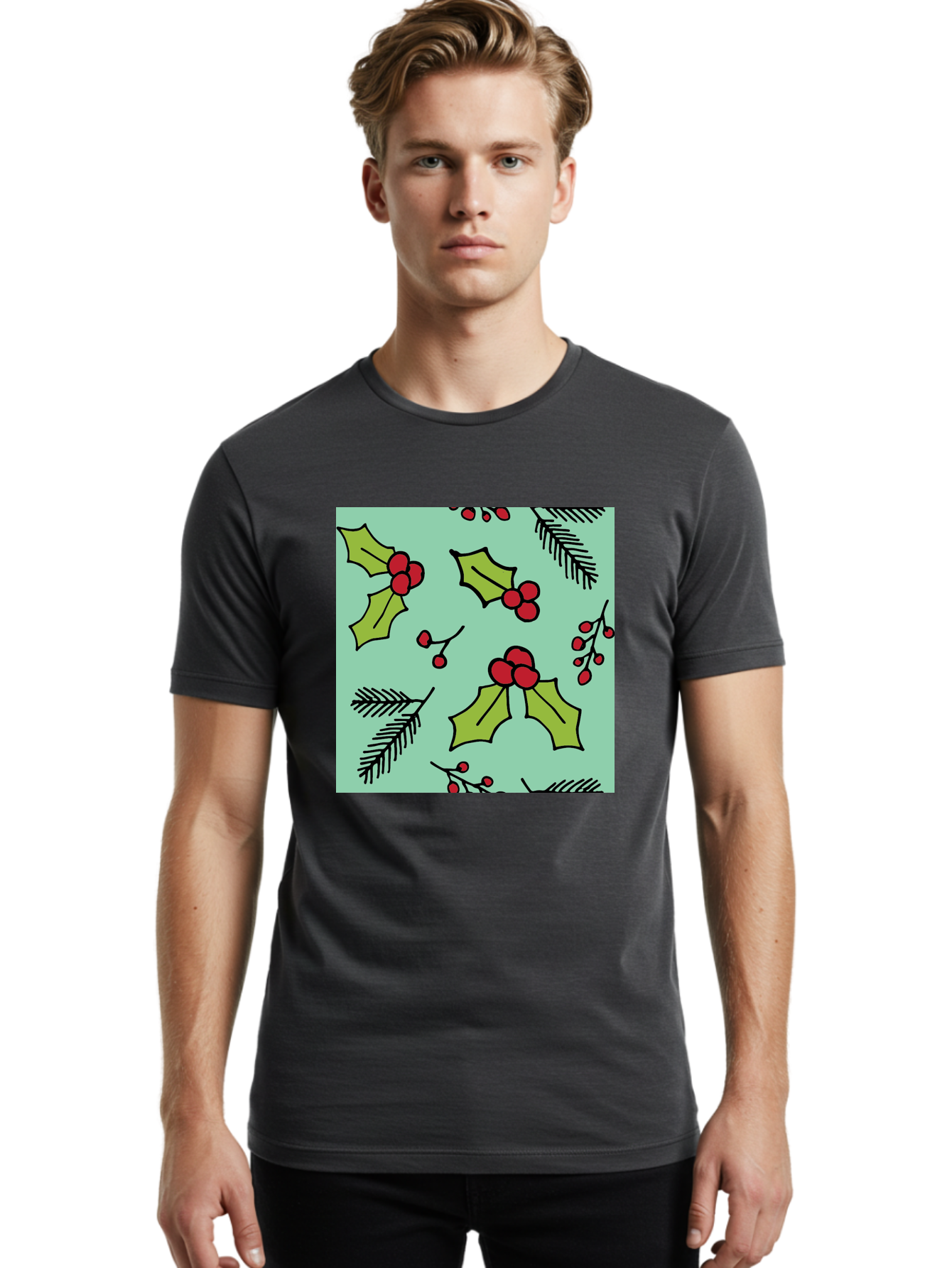Holly-Pattern Men'S Graphic Tee, 100% Cotton, Comfortable Casual Summer Wear, Machine Washable, Holly Leaves, Red Berries, Festive Pattern, Christmas Decor, Winter Theme, Seasonal Design, Holiday Illustration, Green Leaves, Black Outlines -  Aaa937 14