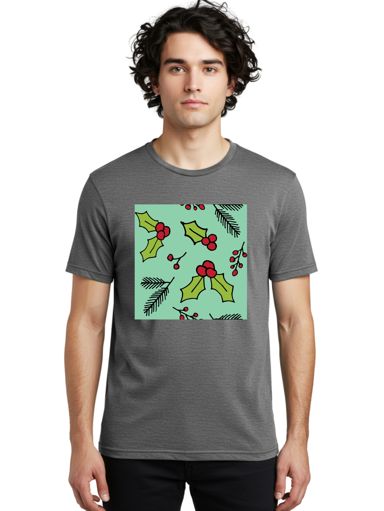 Holly-Pattern Men'S Graphic Tee, 100% Cotton, Comfortable Casual Summer Wear, Machine Washable, Holly Leaves, Red Berries, Festive Pattern, Christmas Decor, Winter Theme, Seasonal Design, Holiday Illustration, Green Leaves, Black Outlines -  Aaa937 12