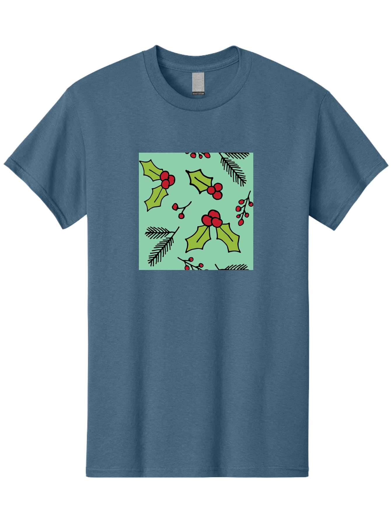 Holly-Pattern Men'S Graphic Tee, 100% Cotton, Comfortable Casual Summer Wear, Machine Washable, Holly Leaves, Red Berries, Festive Pattern, Christmas Decor, Winter Theme, Seasonal Design, Holiday Illustration, Green Leaves, Black Outlines -  Aaa937 25
