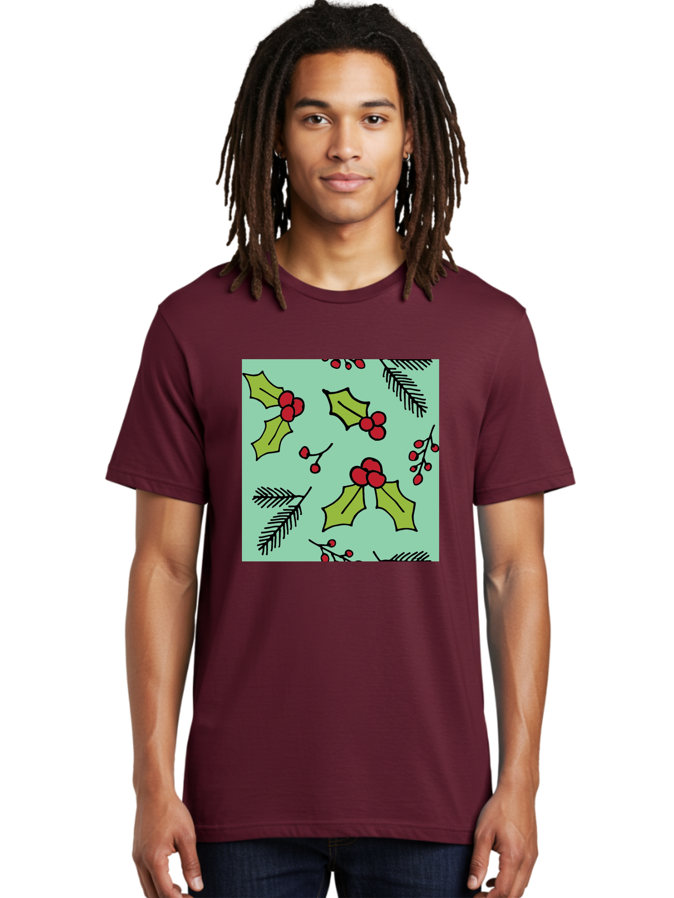 Holly-Pattern Men'S Graphic Tee, 100% Cotton, Comfortable Casual Summer Wear, Machine Washable, Holly Leaves, Red Berries, Festive Pattern, Christmas Decor, Winter Theme, Seasonal Design, Holiday Illustration, Green Leaves, Black Outlines -  Aaa937 24