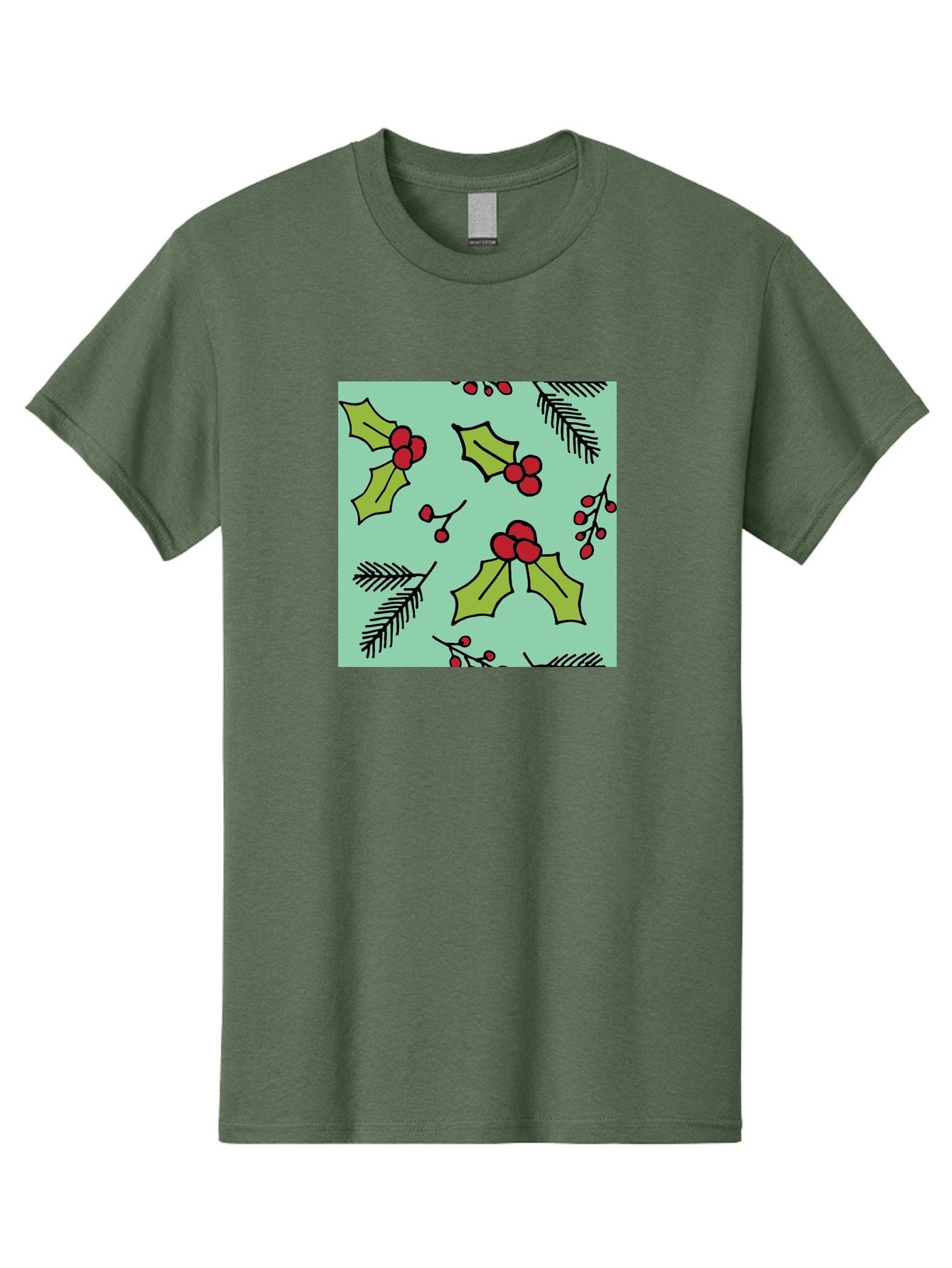 Holly-Pattern Men'S Graphic Tee, 100% Cotton, Comfortable Casual Summer Wear, Machine Washable, Holly Leaves, Red Berries, Festive Pattern, Christmas Decor, Winter Theme, Seasonal Design, Holiday Illustration, Green Leaves, Black Outlines -  Aaa937 8