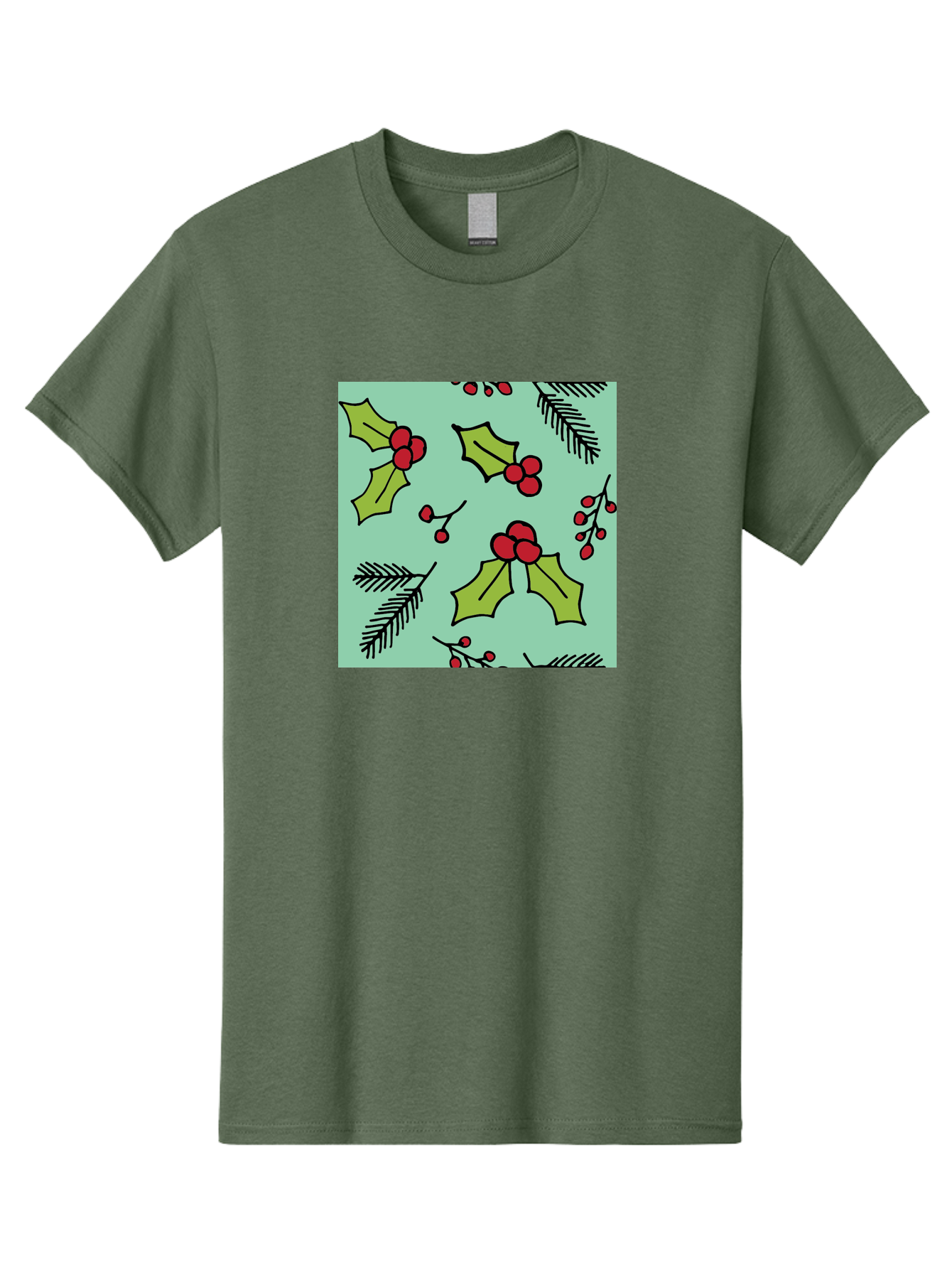 Holly-Pattern Men'S Graphic Tee, 100% Cotton, Comfortable Casual Summer Wear, Machine Washable, Holly Leaves, Red Berries, Festive Pattern, Christmas Decor, Winter Theme, Seasonal Design, Holiday Illustration, Green Leaves, Black Outlines -  Aaa937 9