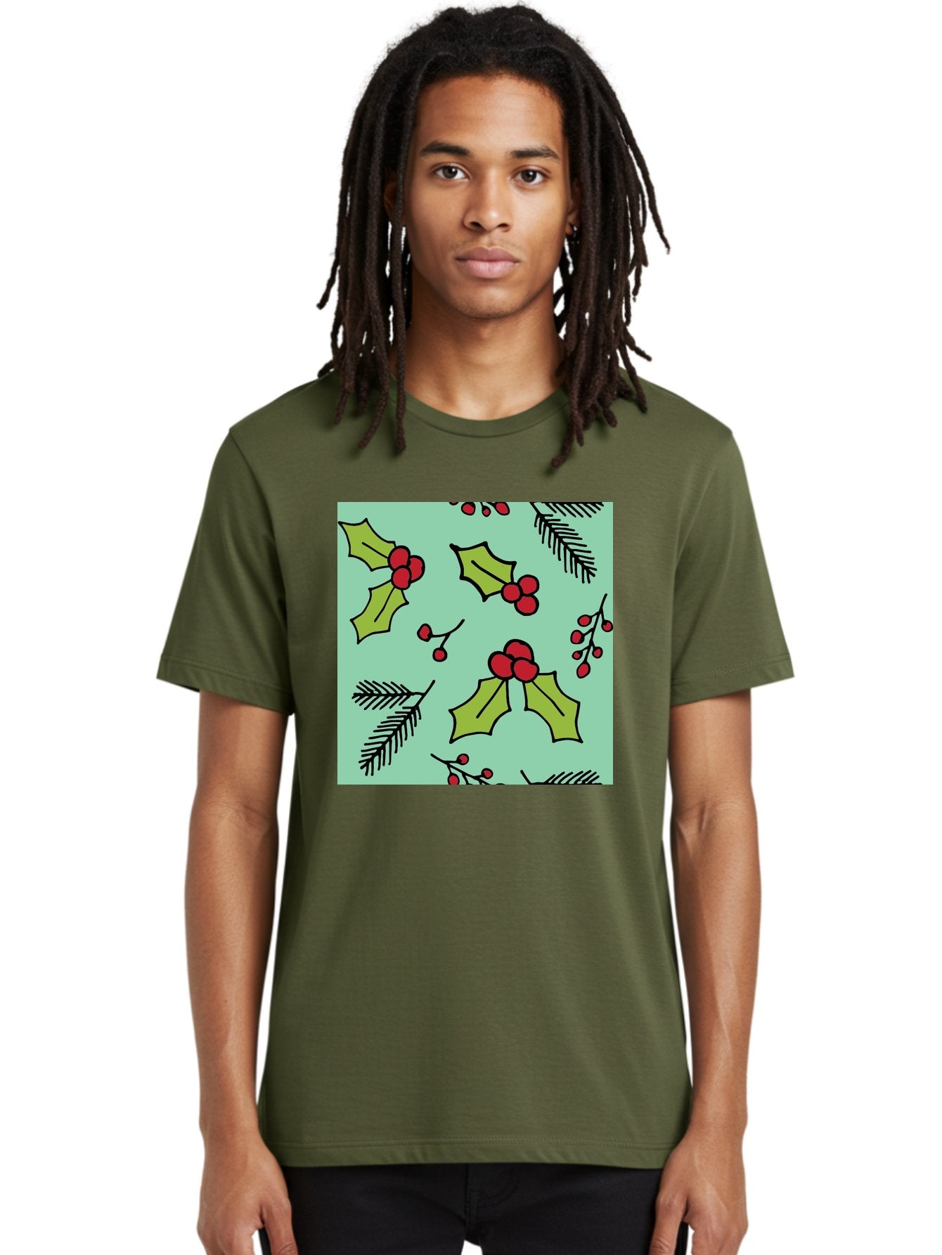 Holly-Pattern Men'S Graphic Tee, 100% Cotton, Comfortable Casual Summer Wear, Machine Washable, Holly Leaves, Red Berries, Festive Pattern, Christmas Decor, Winter Theme, Seasonal Design, Holiday Illustration, Green Leaves, Black Outlines -  Aaa937 25