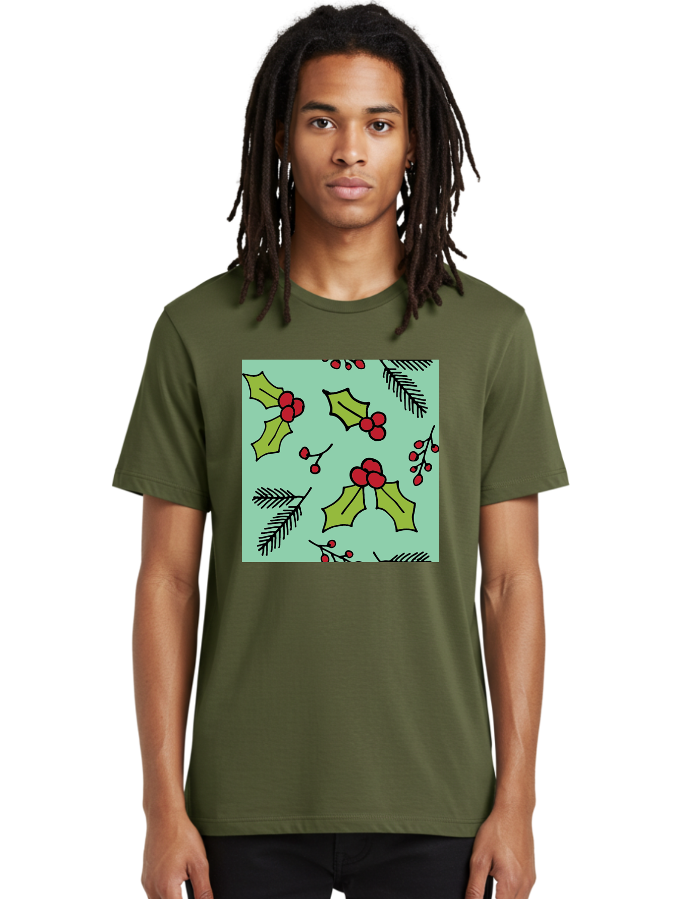 Holly-Pattern Men'S Graphic Tee, 100% Cotton, Comfortable Casual Summer Wear, Machine Washable, Holly Leaves, Red Berries, Festive Pattern, Christmas Decor, Winter Theme, Seasonal Design, Holiday Illustration, Green Leaves, Black Outlines -  Aaa937 10