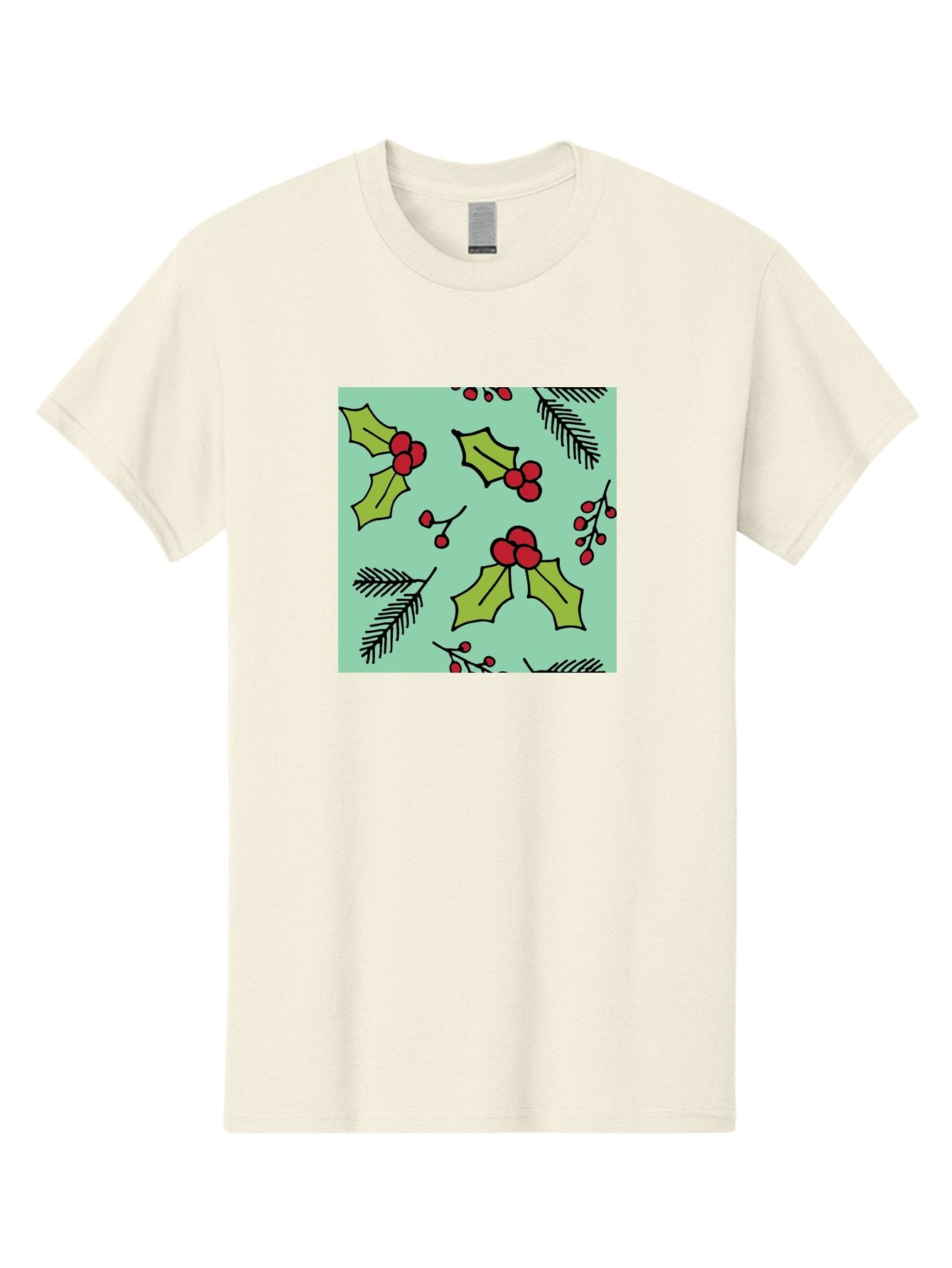 Holly-Pattern Men'S Graphic Tee, 100% Cotton, Comfortable Casual Summer Wear, Machine Washable, Holly Leaves, Red Berries, Festive Pattern, Christmas Decor, Winter Theme, Seasonal Design, Holiday Illustration, Green Leaves, Black Outlines -  Aaa937 6