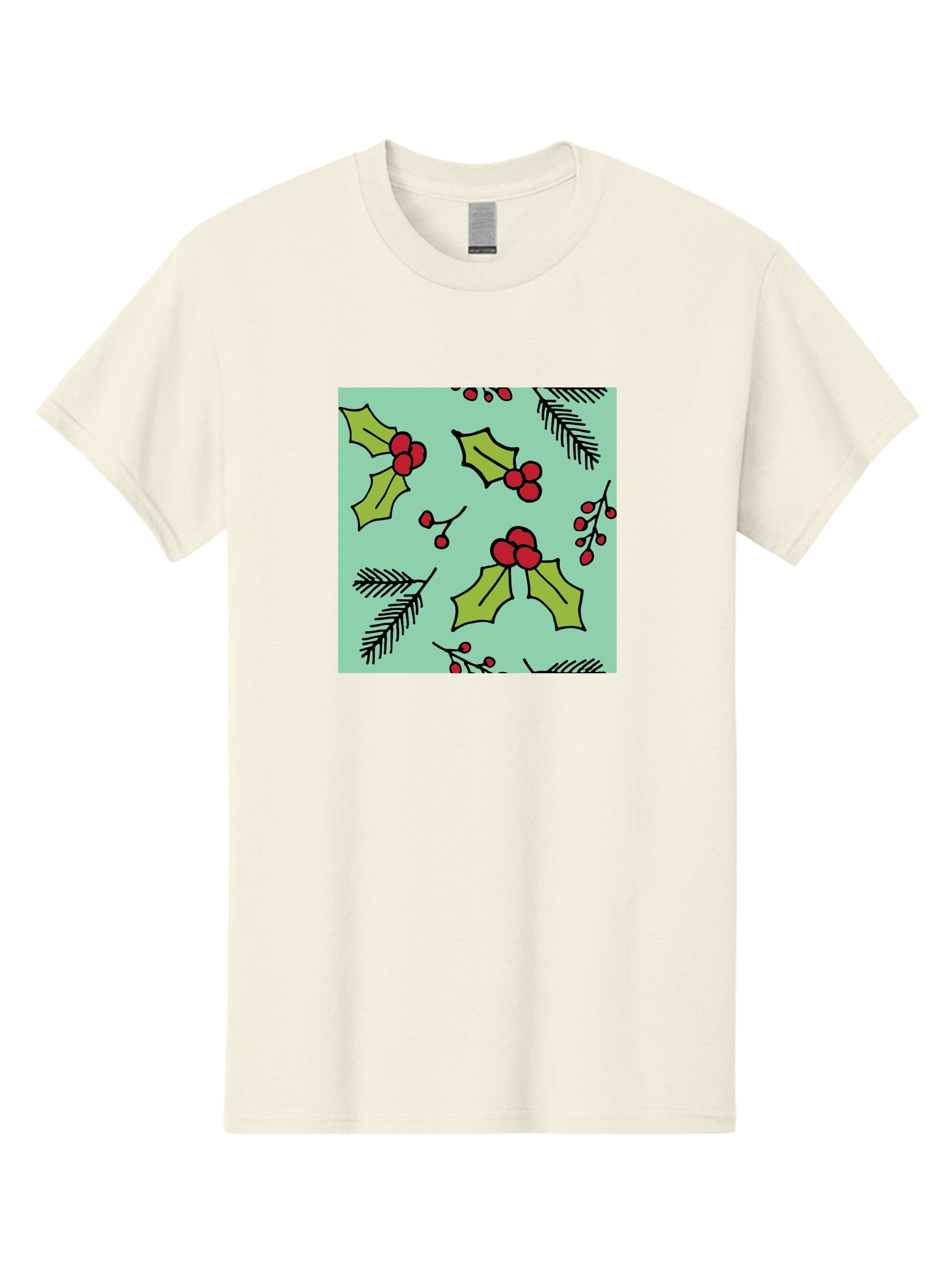 Holly-Pattern Men'S Graphic Tee, 100% Cotton, Comfortable Casual Summer Wear, Machine Washable, Holly Leaves, Red Berries, Festive Pattern, Christmas Decor, Winter Theme, Seasonal Design, Holiday Illustration, Green Leaves, Black Outlines -  Aaa937 5