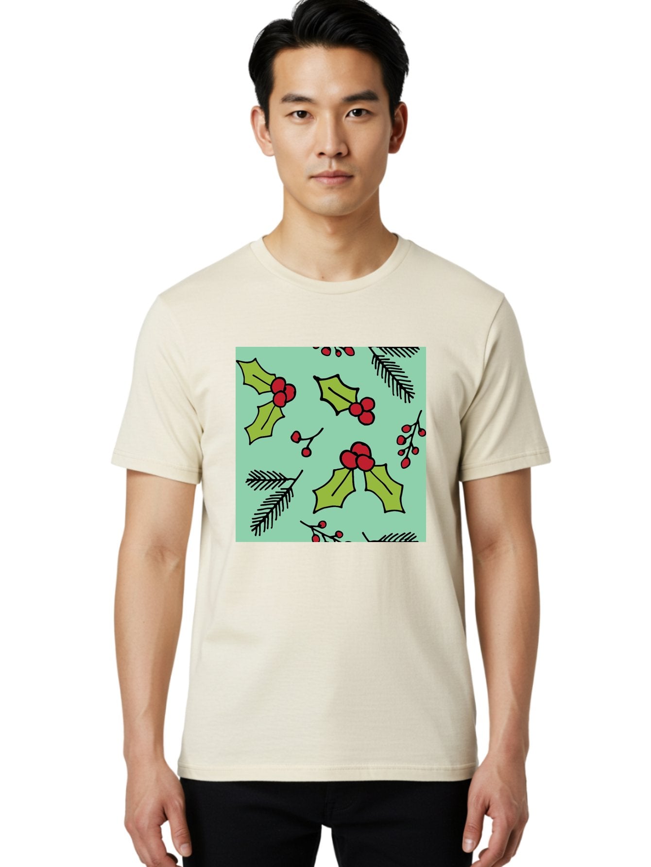 Holly-Pattern Men'S Graphic Tee, 100% Cotton, Comfortable Casual Summer Wear, Machine Washable, Holly Leaves, Red Berries, Festive Pattern, Christmas Decor, Winter Theme, Seasonal Design, Holiday Illustration, Green Leaves, Black Outlines -  Aaa937 24