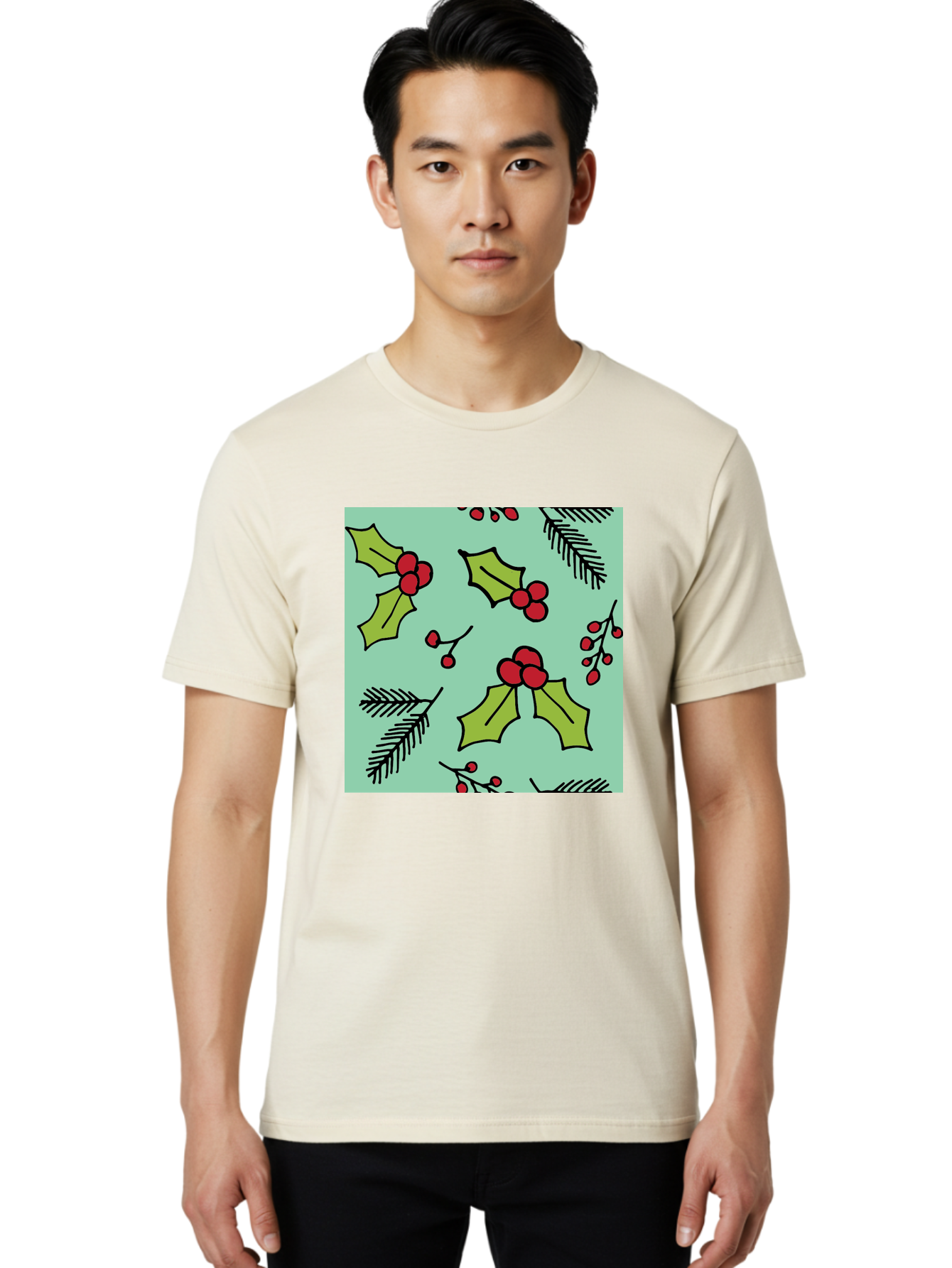 Holly-Pattern Men'S Graphic Tee, 100% Cotton, Comfortable Casual Summer Wear, Machine Washable, Holly Leaves, Red Berries, Festive Pattern, Christmas Decor, Winter Theme, Seasonal Design, Holiday Illustration, Green Leaves, Black Outlines -  Aaa937 6