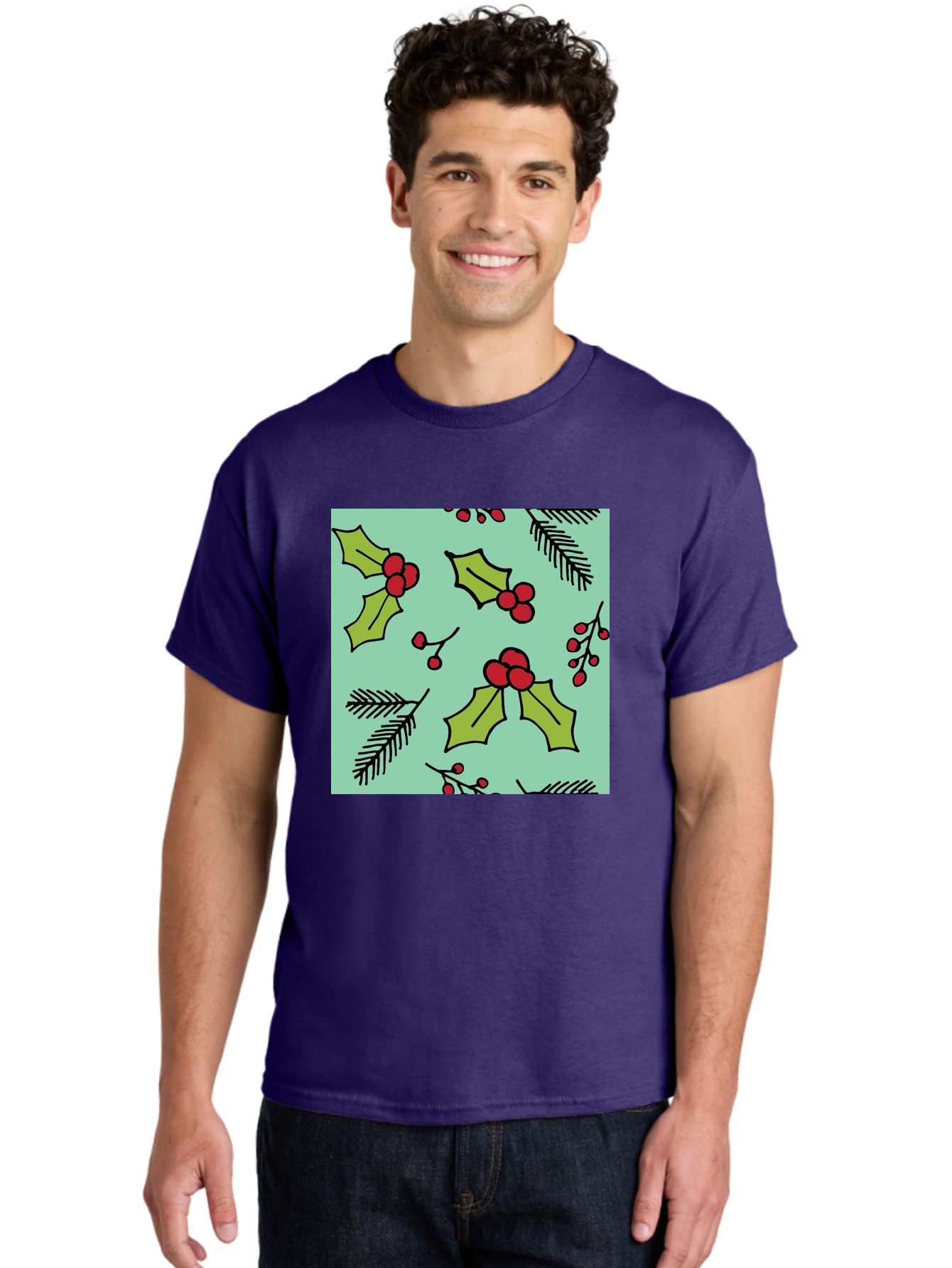 Holly-Pattern Men'S Graphic Tee, 100% Cotton, Comfortable Casual Summer Wear, Machine Washable, Holly Leaves, Red Berries, Festive Pattern, Christmas Decor, Winter Theme, Seasonal Design, Holiday Illustration, Green Leaves, Black Outlines -  Aaa937 4