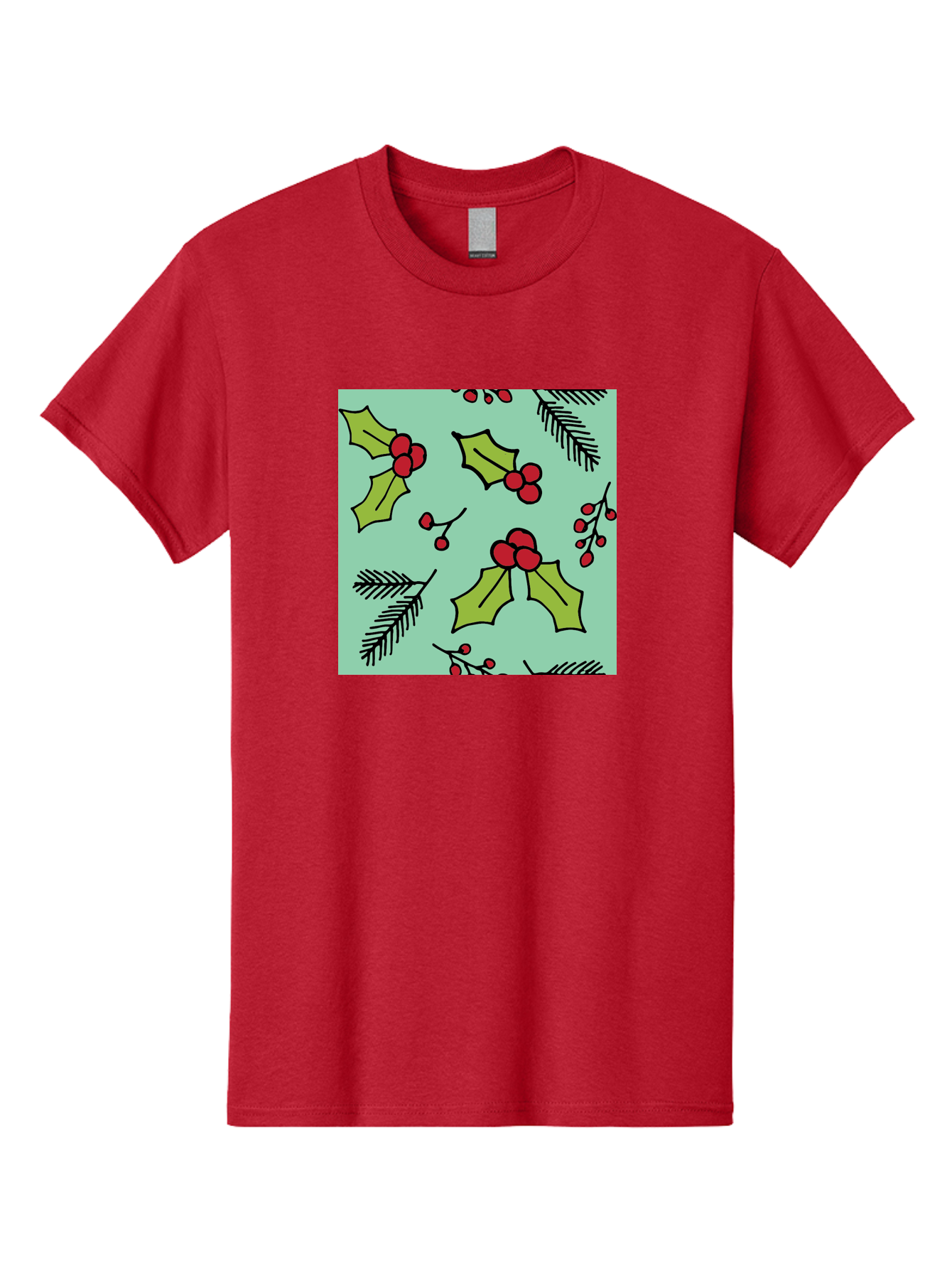 Holly-Pattern Men'S Graphic Tee, 100% Cotton, Comfortable Casual Summer Wear, Machine Washable, Holly Leaves, Red Berries, Festive Pattern, Christmas Decor, Winter Theme, Seasonal Design, Holiday Illustration, Green Leaves, Black Outlines -  Aaa937 21