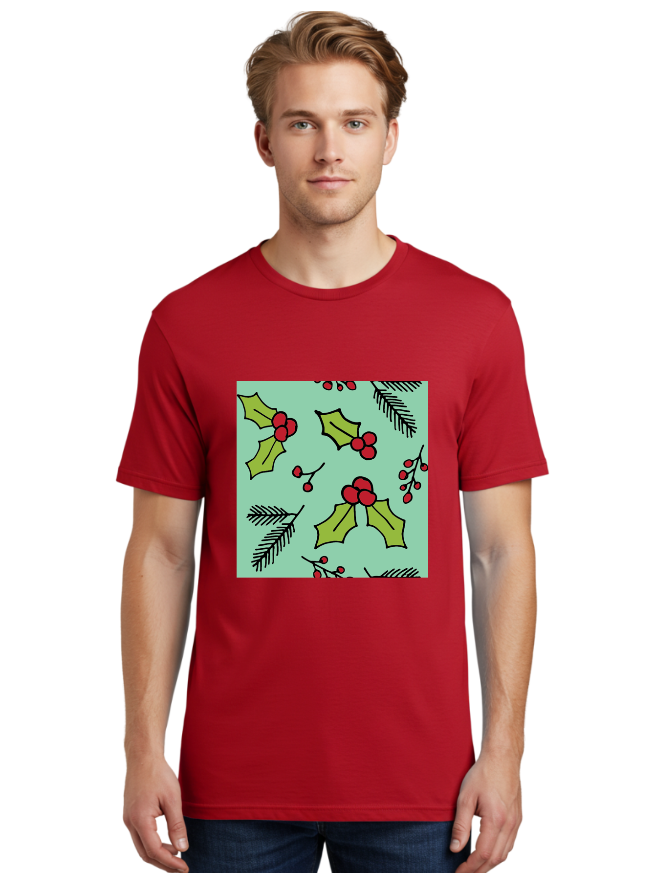 Holly-Pattern Men'S Graphic Tee, 100% Cotton, Comfortable Casual Summer Wear, Machine Washable, Holly Leaves, Red Berries, Festive Pattern, Christmas Decor, Winter Theme, Seasonal Design, Holiday Illustration, Green Leaves, Black Outlines -  Aaa937 22