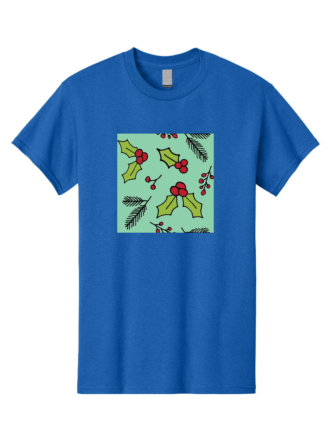 Holly-Pattern Men'S Graphic Tee, 100% Cotton, Comfortable Casual Summer Wear, Machine Washable, Holly Leaves, Red Berries, Festive Pattern, Christmas Decor, Winter Theme, Seasonal Design, Holiday Illustration, Green Leaves, Black Outlines -  Aaa937