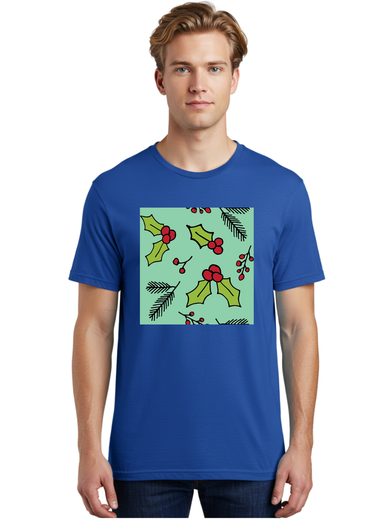 Holly-Pattern Men'S Graphic Tee, 100% Cotton, Comfortable Casual Summer Wear, Machine Washable, Holly Leaves, Red Berries, Festive Pattern, Christmas Decor, Winter Theme, Seasonal Design, Holiday Illustration, Green Leaves, Black Outlines -  Aaa937