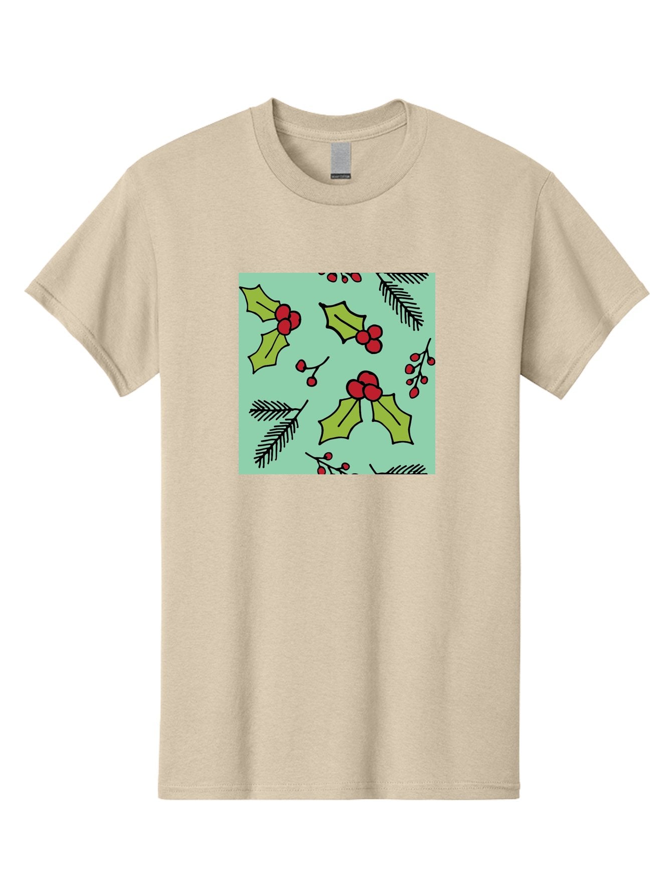 Holly-Pattern Men'S Graphic Tee, 100% Cotton, Comfortable Casual Summer Wear, Machine Washable, Holly Leaves, Red Berries, Festive Pattern, Christmas Decor, Winter Theme, Seasonal Design, Holiday Illustration, Green Leaves, Black Outlines -  Aaa937 12