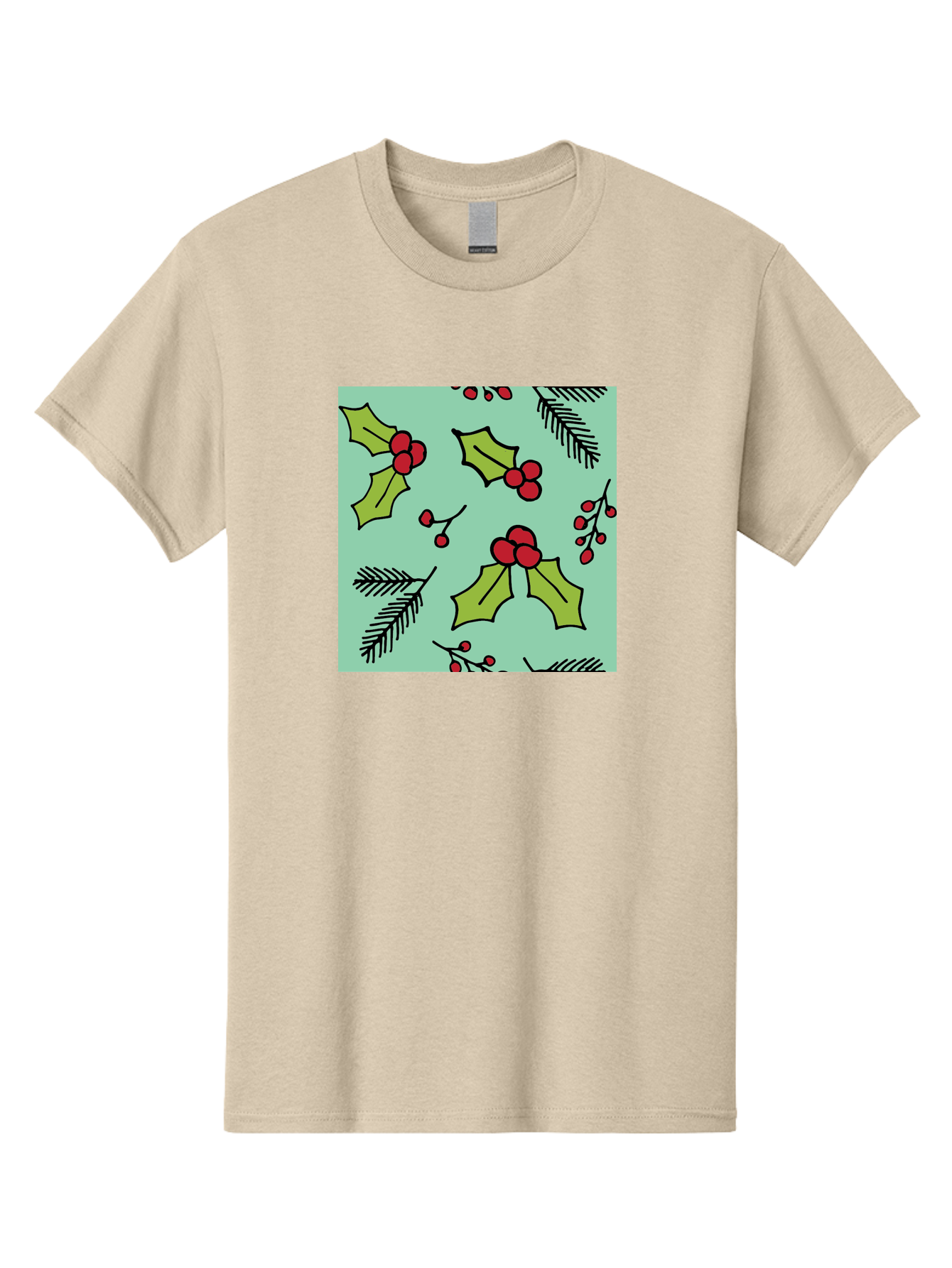 Holly-Pattern Men'S Graphic Tee, 100% Cotton, Comfortable Casual Summer Wear, Machine Washable, Holly Leaves, Red Berries, Festive Pattern, Christmas Decor, Winter Theme, Seasonal Design, Holiday Illustration, Green Leaves, Black Outlines -  Aaa937 29