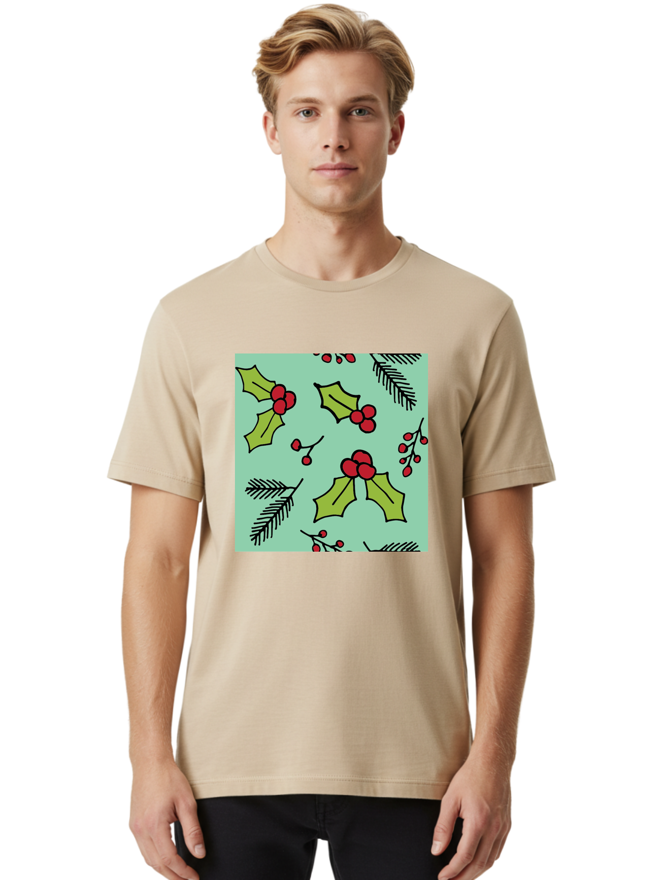 Holly-Pattern Men'S Graphic Tee, 100% Cotton, Comfortable Casual Summer Wear, Machine Washable, Holly Leaves, Red Berries, Festive Pattern, Christmas Decor, Winter Theme, Seasonal Design, Holiday Illustration, Green Leaves, Black Outlines -  Aaa937 30