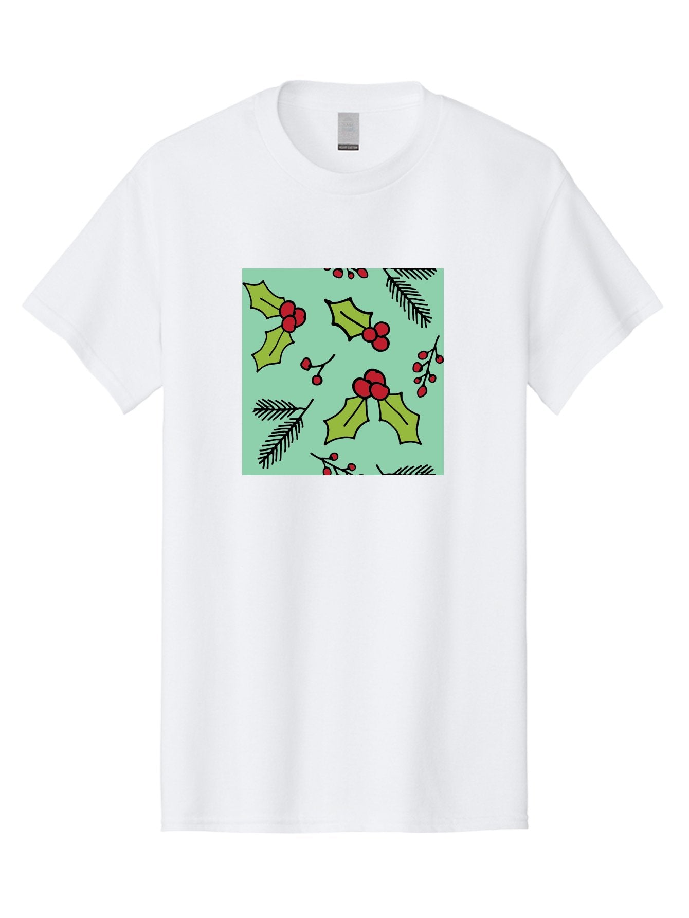 Holly-Pattern Men'S Graphic Tee, 100% Cotton, Comfortable Casual Summer Wear, Machine Washable, Holly Leaves, Red Berries, Festive Pattern, Christmas Decor, Winter Theme, Seasonal Design, Holiday Illustration, Green Leaves, Black Outlines -  Aaa937 4