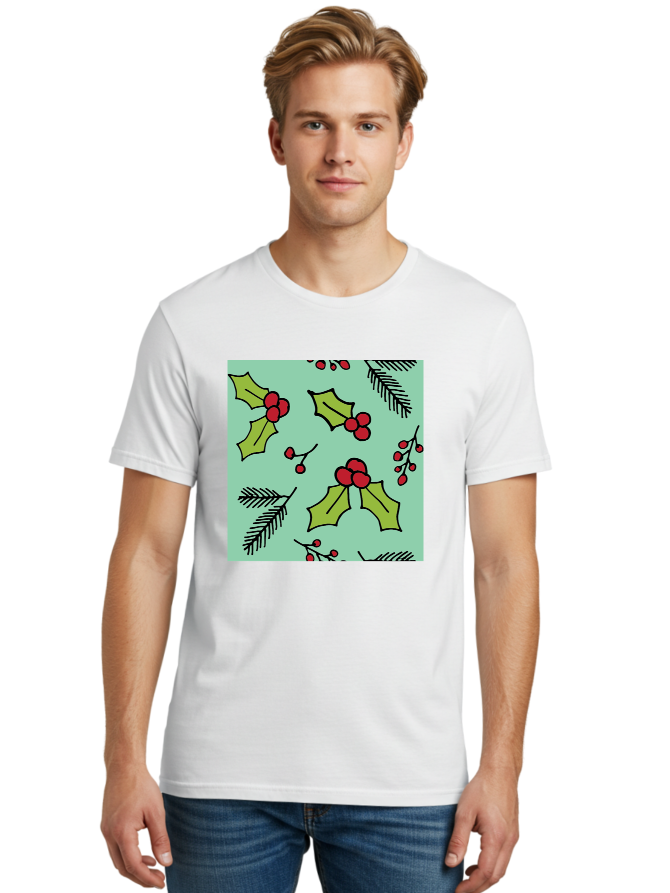 Holly-Pattern Men'S Graphic Tee, 100% Cotton, Comfortable Casual Summer Wear, Machine Washable, Holly Leaves, Red Berries, Festive Pattern, Christmas Decor, Winter Theme, Seasonal Design, Holiday Illustration, Green Leaves, Black Outlines -  Aaa937 16