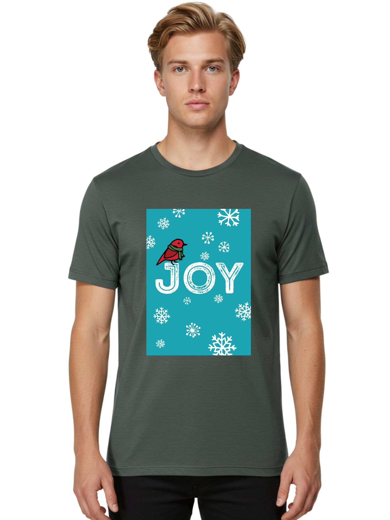 Joy Men'S Graphic Tee, 100% Cotton, Comfortable Casual Summer Wear, Machine Washable, Holiday Cheer, Red Bird, Scarf, Snowflakes, Winter Wonderland, Festive Design, Joyful Atmosphere, Christmas Vibe, Seasonal Greetings -  Aaa955 21