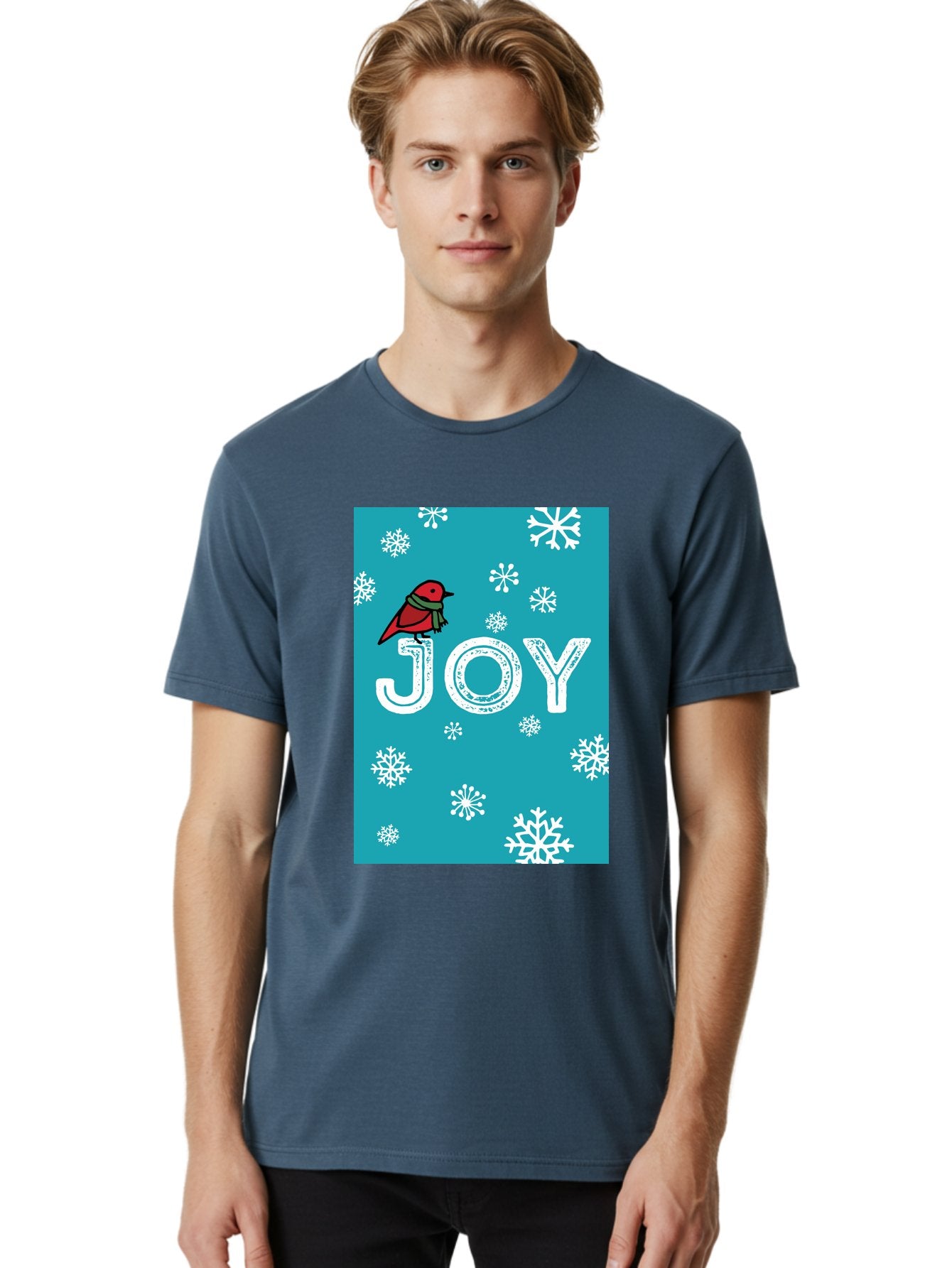Joy Men'S Graphic Tee, 100% Cotton, Comfortable Casual Summer Wear, Machine Washable, Holiday Cheer, Red Bird, Scarf, Snowflakes, Winter Wonderland, Festive Design, Joyful Atmosphere, Christmas Vibe, Seasonal Greetings -  Aaa955 22