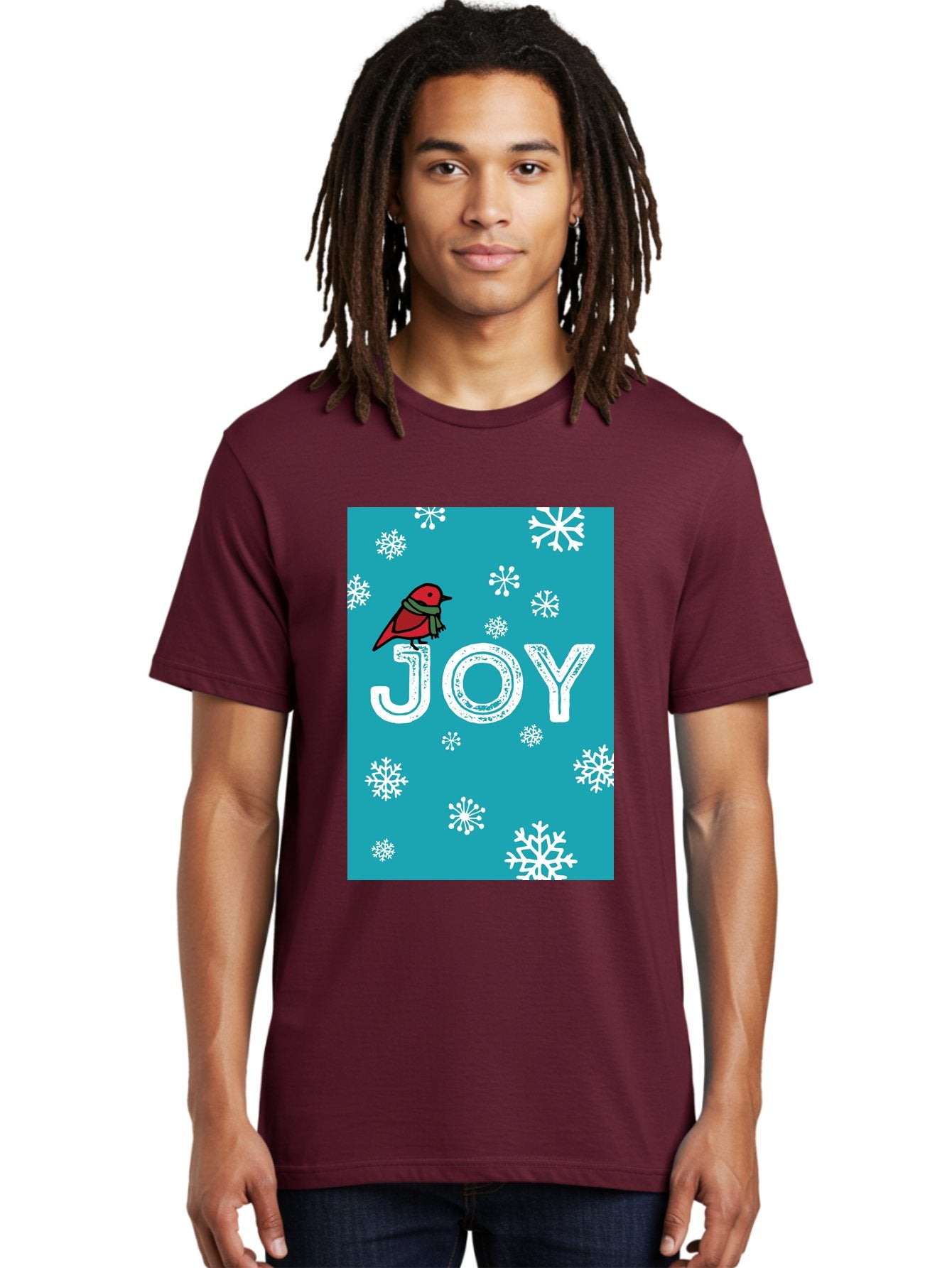 Joy Men'S Graphic Tee, 100% Cotton, Comfortable Casual Summer Wear, Machine Washable, Holiday Cheer, Red Bird, Scarf, Snowflakes, Winter Wonderland, Festive Design, Joyful Atmosphere, Christmas Vibe, Seasonal Greetings -  Aaa955 24
