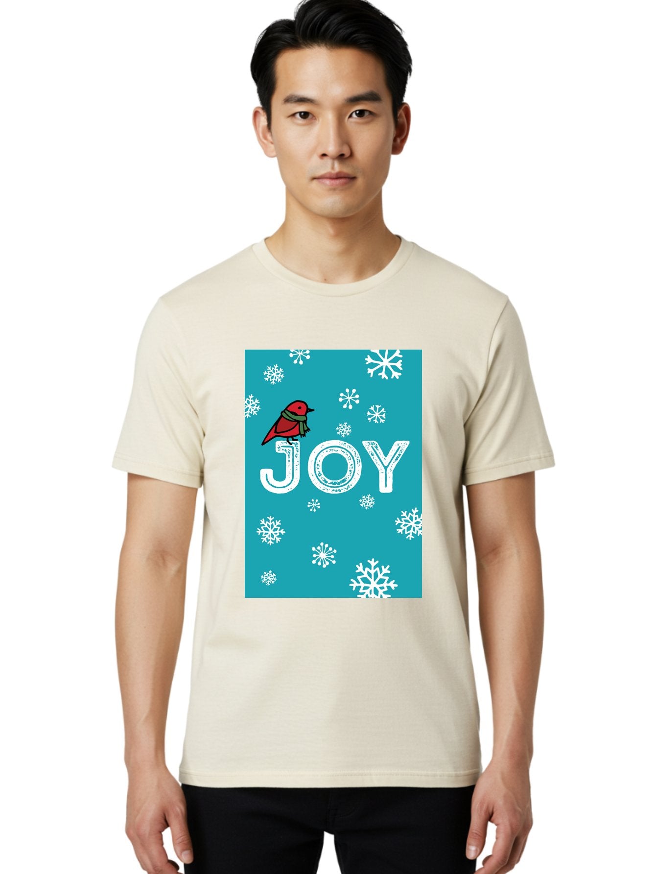 Joy Men'S Graphic Tee, 100% Cotton, Comfortable Casual Summer Wear, Machine Washable, Holiday Cheer, Red Bird, Scarf, Snowflakes, Winter Wonderland, Festive Design, Joyful Atmosphere, Christmas Vibe, Seasonal Greetings -  Aaa955 19