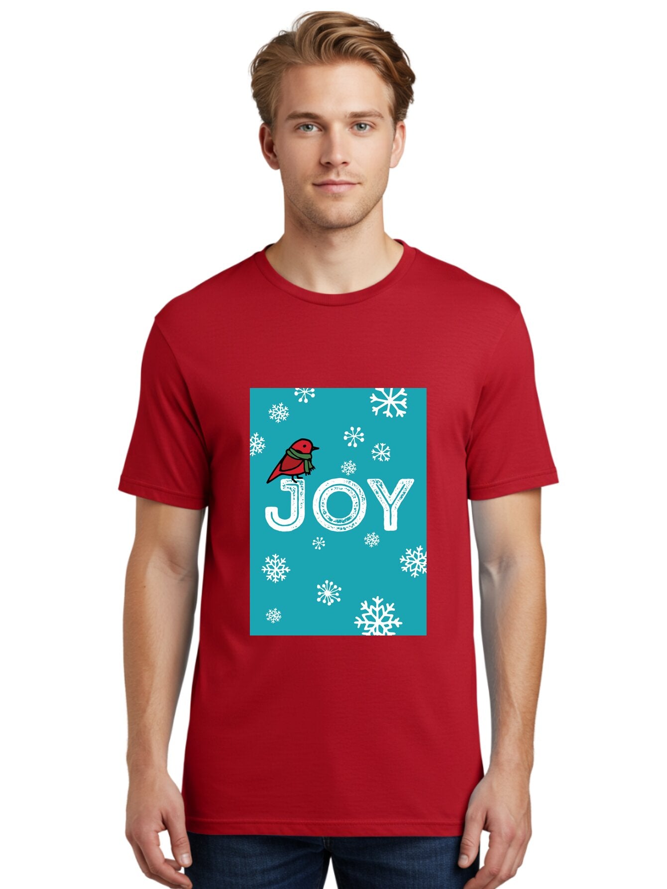 Joy Men'S Graphic Tee, 100% Cotton, Comfortable Casual Summer Wear, Machine Washable, Holiday Cheer, Red Bird, Scarf, Snowflakes, Winter Wonderland, Festive Design, Joyful Atmosphere, Christmas Vibe, Seasonal Greetings -  Aaa955 23