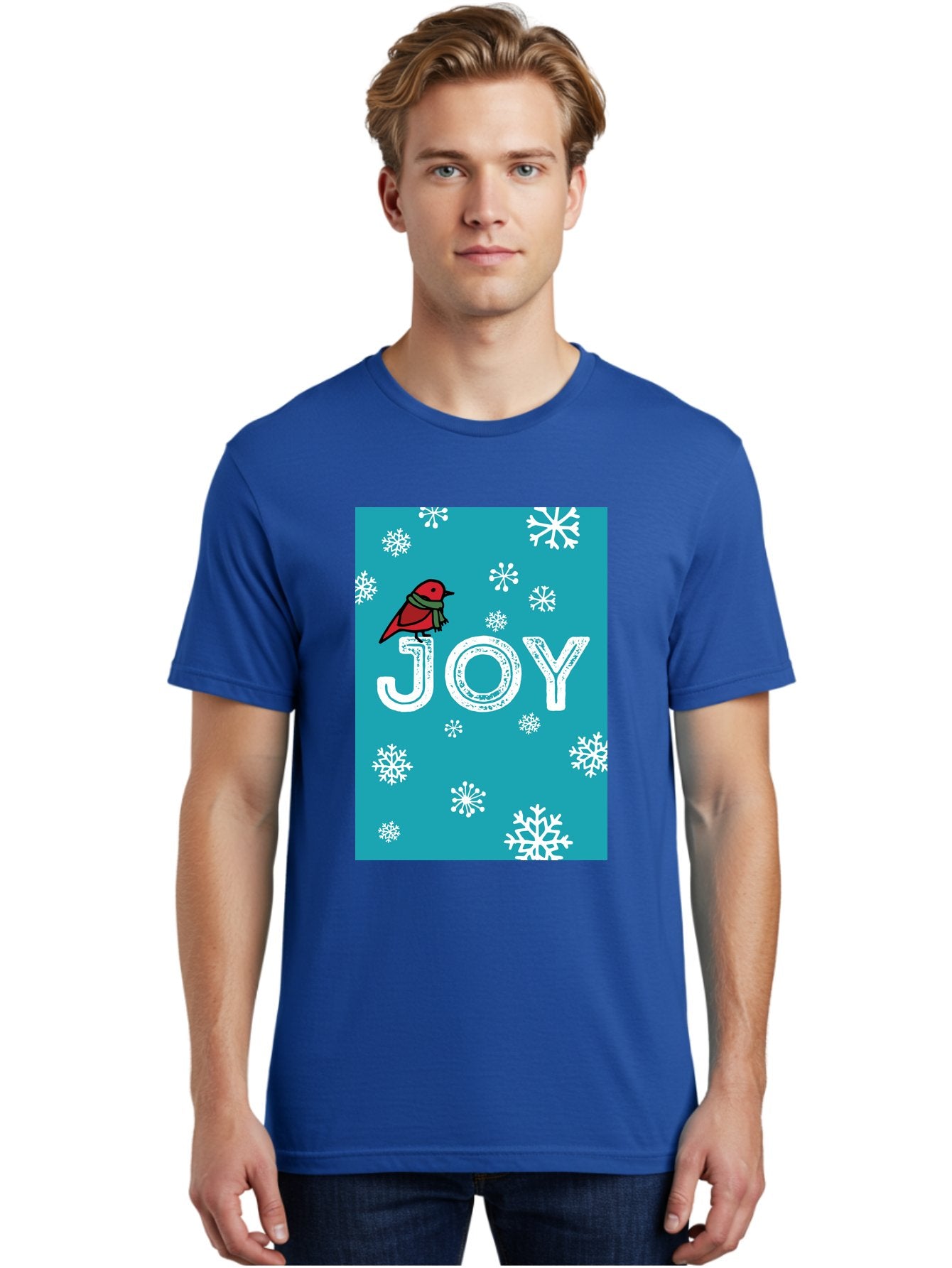Joy Men'S Graphic Tee, 100% Cotton, Comfortable Casual Summer Wear, Machine Washable, Holiday Cheer, Red Bird, Scarf, Snowflakes, Winter Wonderland, Festive Design, Joyful Atmosphere, Christmas Vibe, Seasonal Greetings -  Aaa955 25