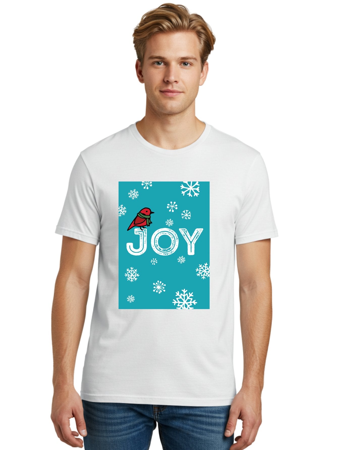 Joy Men'S Graphic Tee, 100% Cotton, Comfortable Casual Summer Wear, Machine Washable, Holiday Cheer, Red Bird, Scarf, Snowflakes, Winter Wonderland, Festive Design, Joyful Atmosphere, Christmas Vibe, Seasonal Greetings -  Aaa955 30