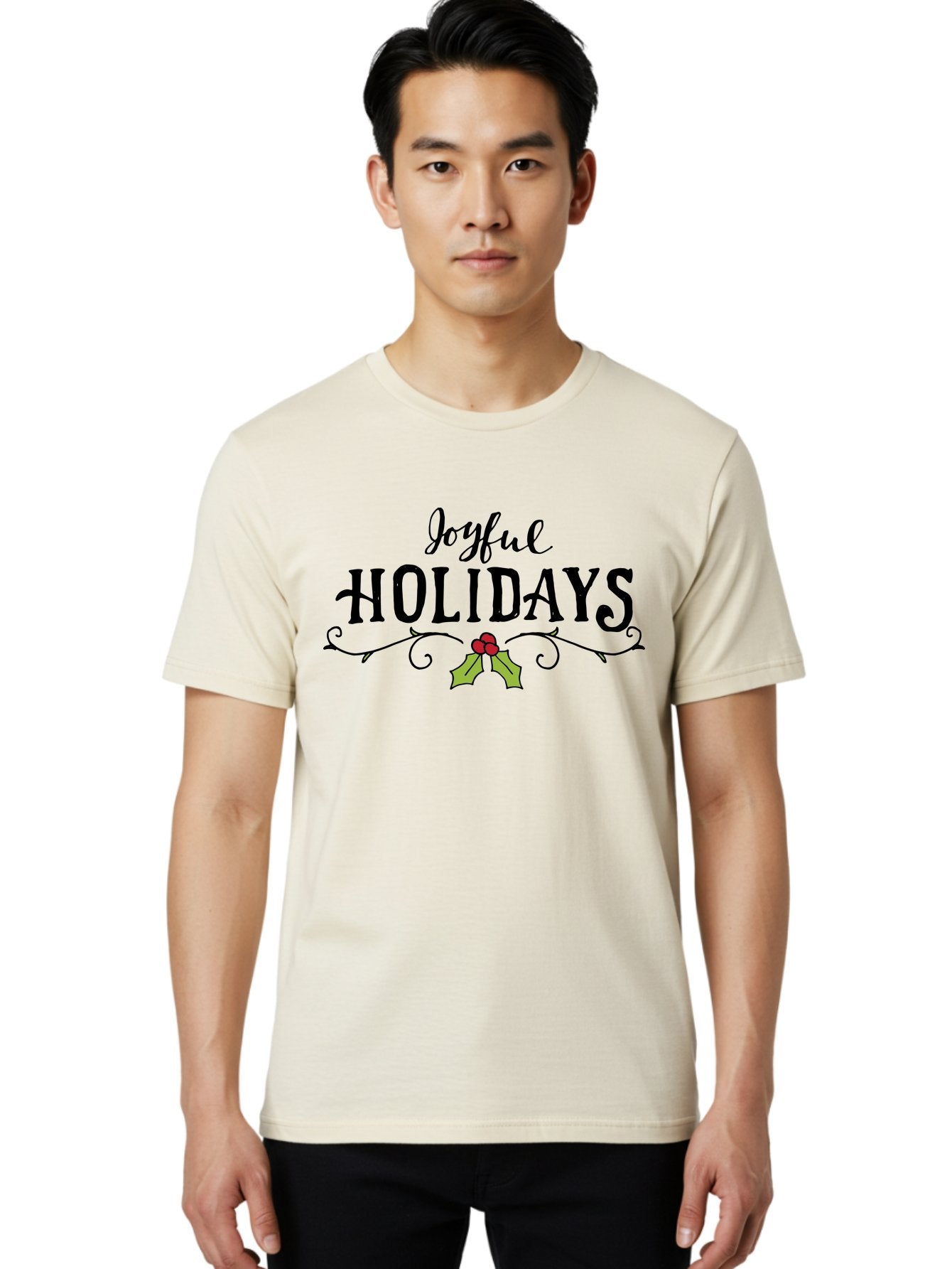 Joyful-Holidays-1 Men'S Graphic Tee, 100% Cotton, Comfortable Casual Summer Wear, Machine Washable, Holiday Wishes, Festive Greeting, Joyful Holidays, Holly Decoration, Red Berries, Vintage Style, Winter Season, Holiday Cheer -  Aaa956 24