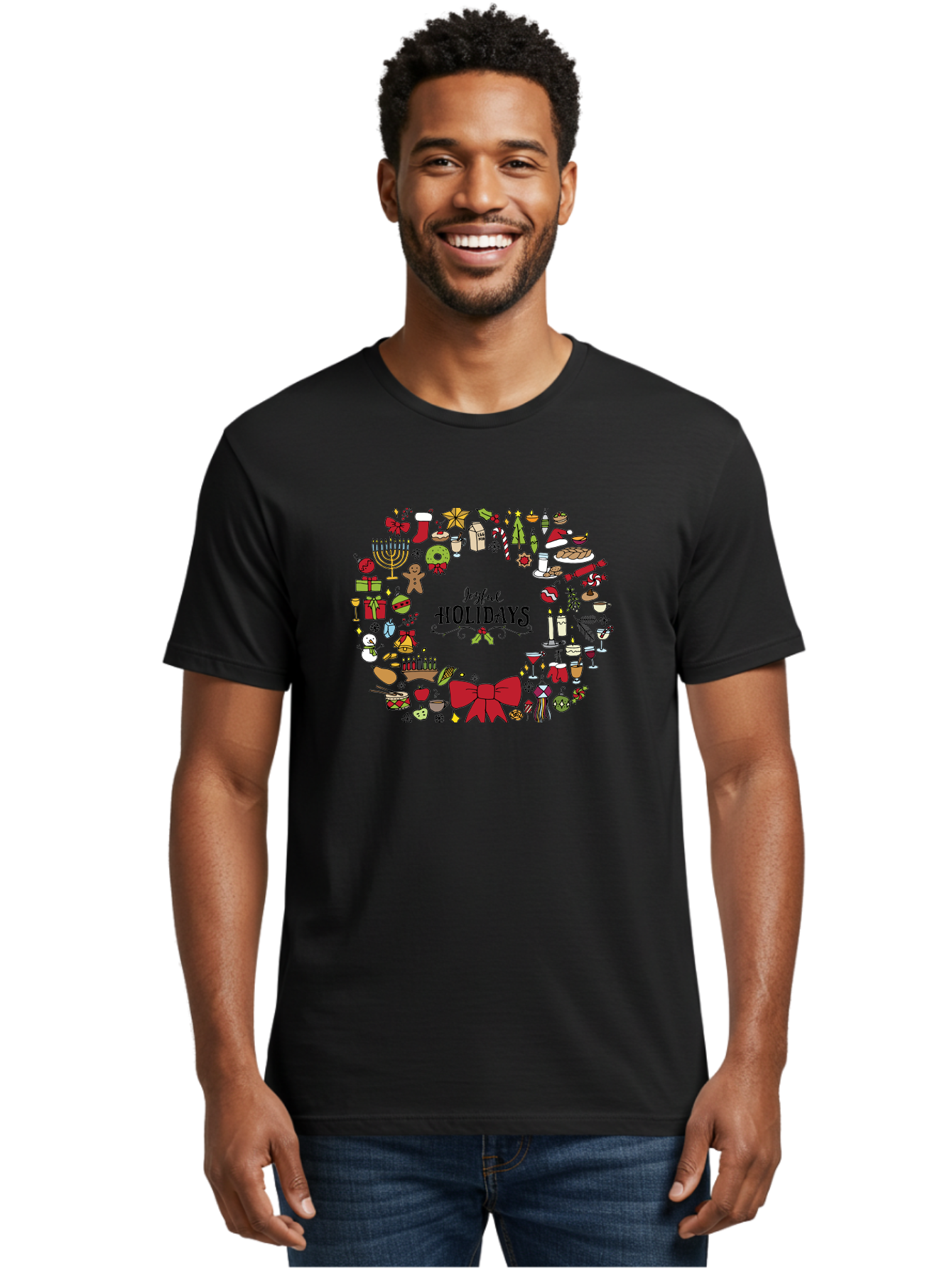 Joyful-Holidays Men'S Graphic Tee, 100% Cotton, Comfortable Casual Summer Wear, Machine Washable, Christmas Wreath, Holiday Decorations, Festive Icons, Joyful Holidays, Christmas Gifts, Holiday Treats, Menorah, Christmas Stocking, -  Aaa957