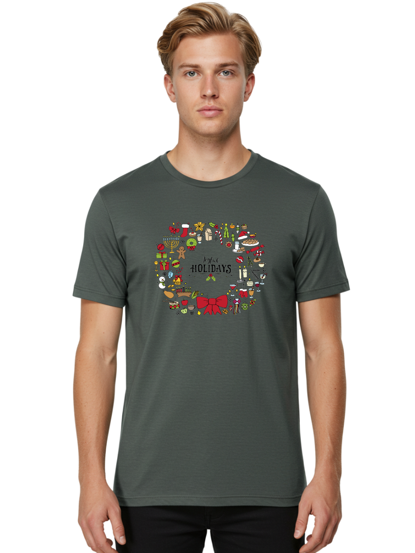 Joyful-Holidays Men'S Graphic Tee, 100% Cotton, Comfortable Casual Summer Wear, Machine Washable, Christmas Wreath, Holiday Decorations, Festive Icons, Joyful Holidays, Christmas Gifts, Holiday Treats, Menorah, Christmas Stocking, -  Aaa957 28