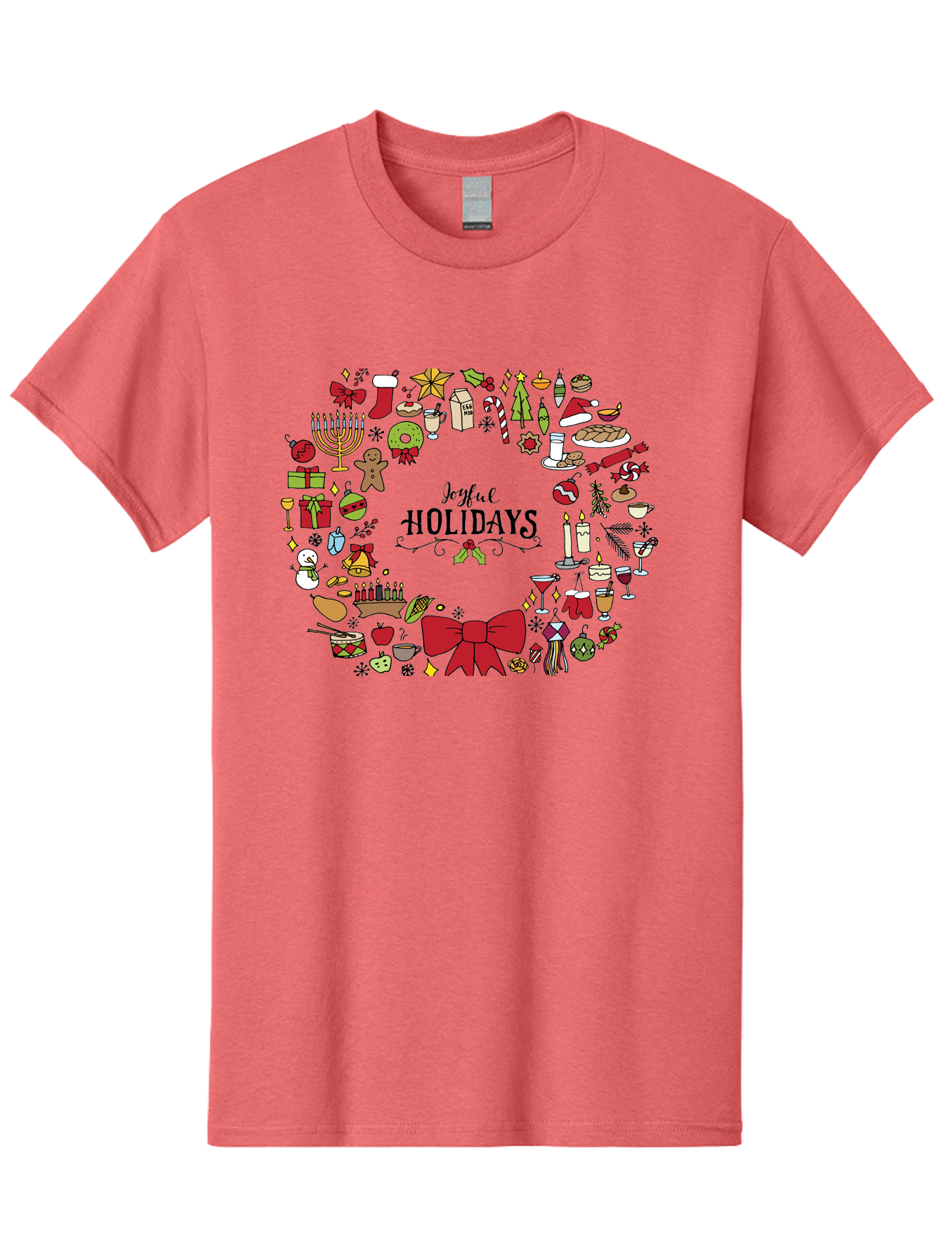 Joyful-Holidays Men'S Graphic Tee, 100% Cotton, Comfortable Casual Summer Wear, Machine Washable, Christmas Wreath, Holiday Decorations, Festive Icons, Joyful Holidays, Christmas Gifts, Holiday Treats, Menorah, Christmas Stocking, -  Aaa957 5