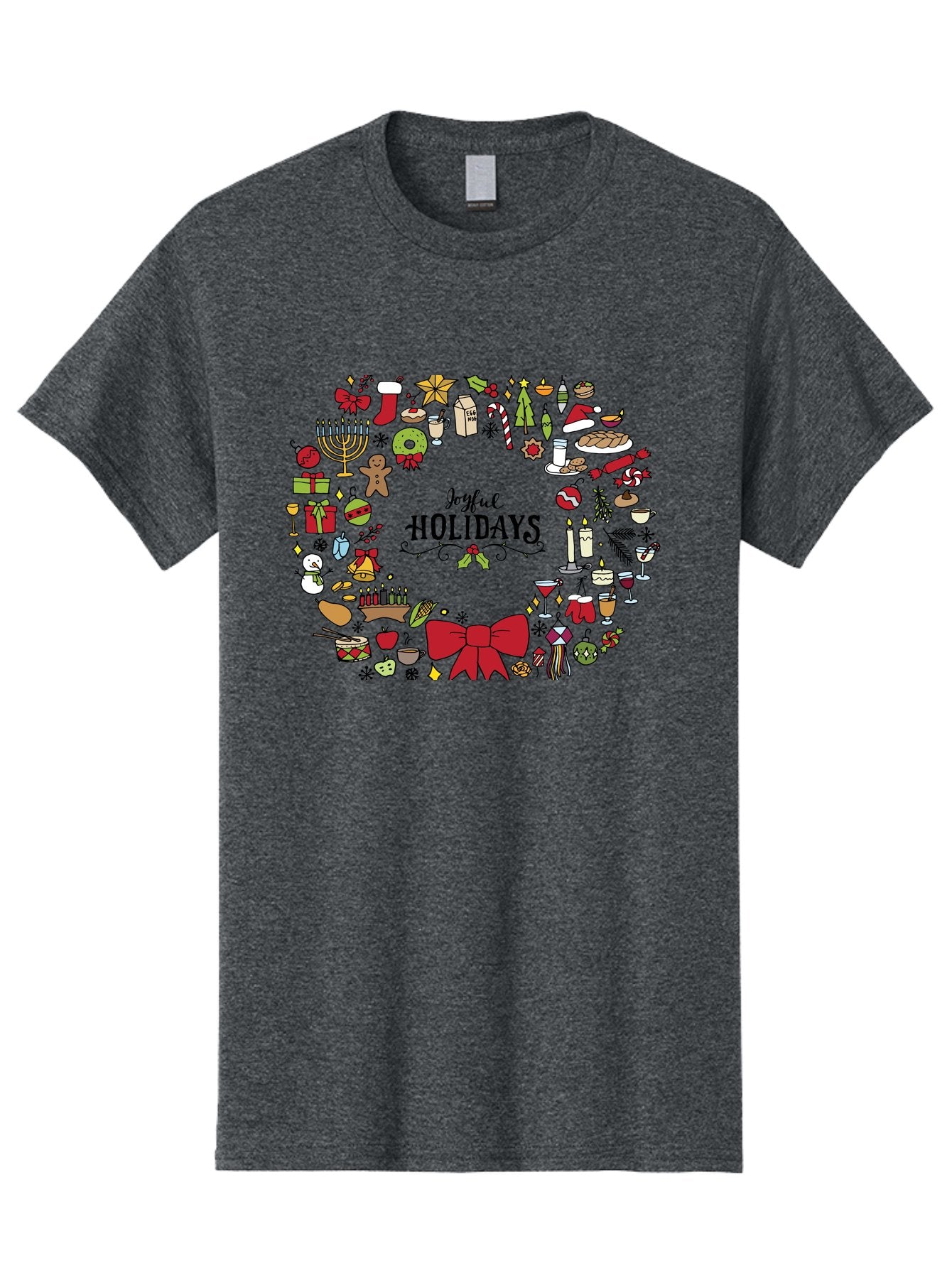 Joyful-Holidays Men'S Graphic Tee, 100% Cotton, Comfortable Casual Summer Wear, Machine Washable, Christmas Wreath, Holiday Decorations, Festive Icons, Joyful Holidays, Christmas Gifts, Holiday Treats, Menorah, Christmas Stocking, -  Aaa957