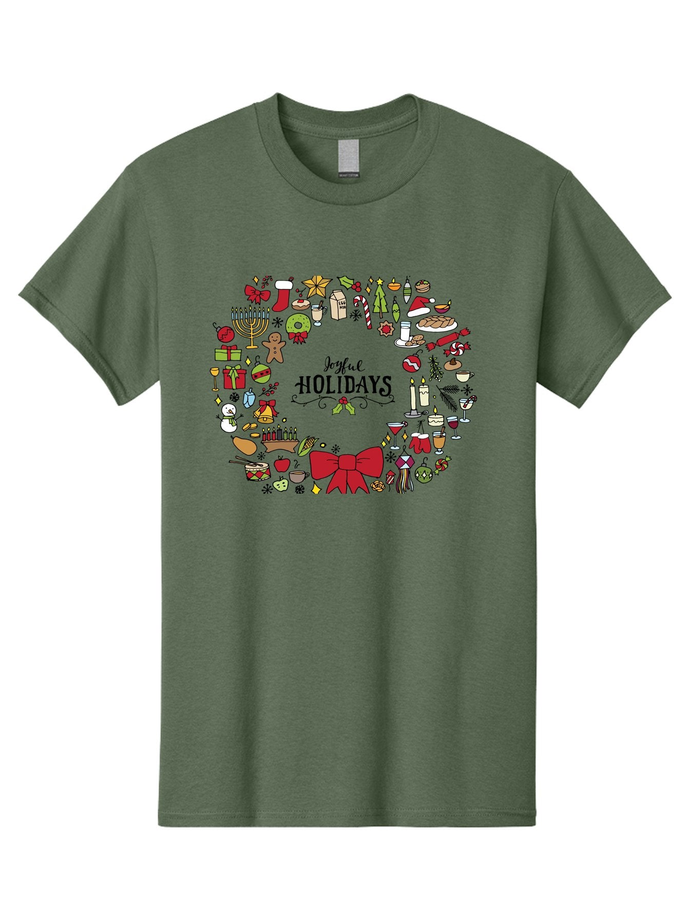 Joyful-Holidays Men'S Graphic Tee, 100% Cotton, Comfortable Casual Summer Wear, Machine Washable, Christmas Wreath, Holiday Decorations, Festive Icons, Joyful Holidays, Christmas Gifts, Holiday Treats, Menorah, Christmas Stocking, -  Aaa957 9