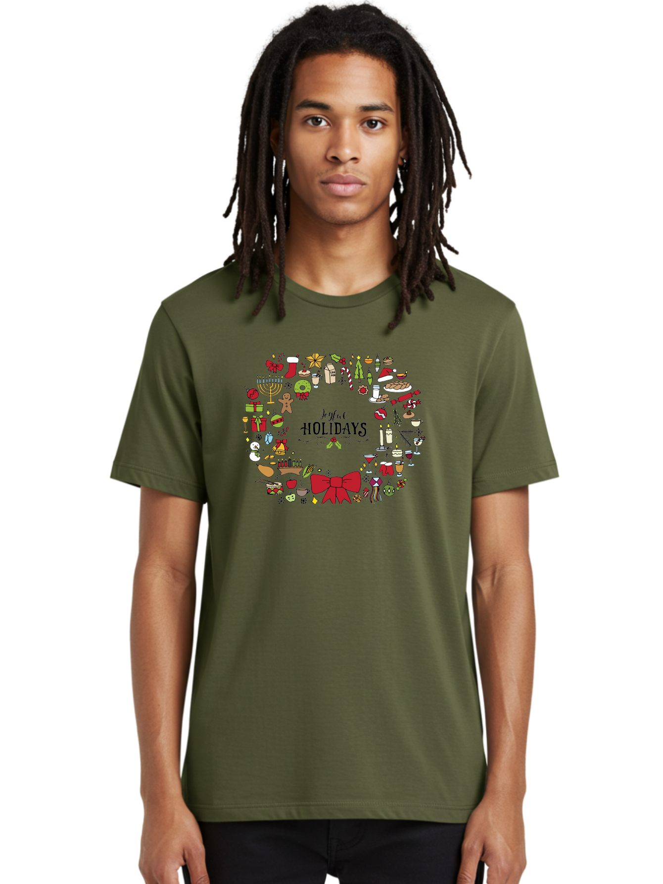 Joyful-Holidays Men'S Graphic Tee, 100% Cotton, Comfortable Casual Summer Wear, Machine Washable, Christmas Wreath, Holiday Decorations, Festive Icons, Joyful Holidays, Christmas Gifts, Holiday Treats, Menorah, Christmas Stocking, -  Aaa957 12