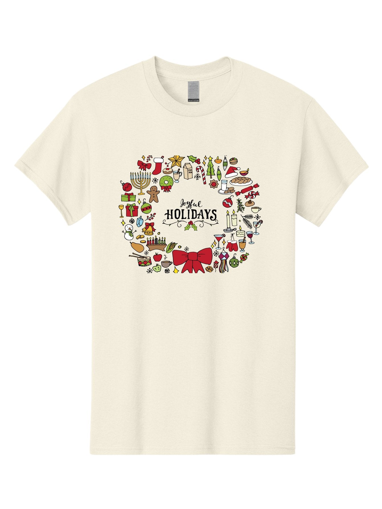 Joyful-Holidays Men'S Graphic Tee, 100% Cotton, Comfortable Casual Summer Wear, Machine Washable, Christmas Wreath, Holiday Decorations, Festive Icons, Joyful Holidays, Christmas Gifts, Holiday Treats, Menorah, Christmas Stocking, -  Aaa957