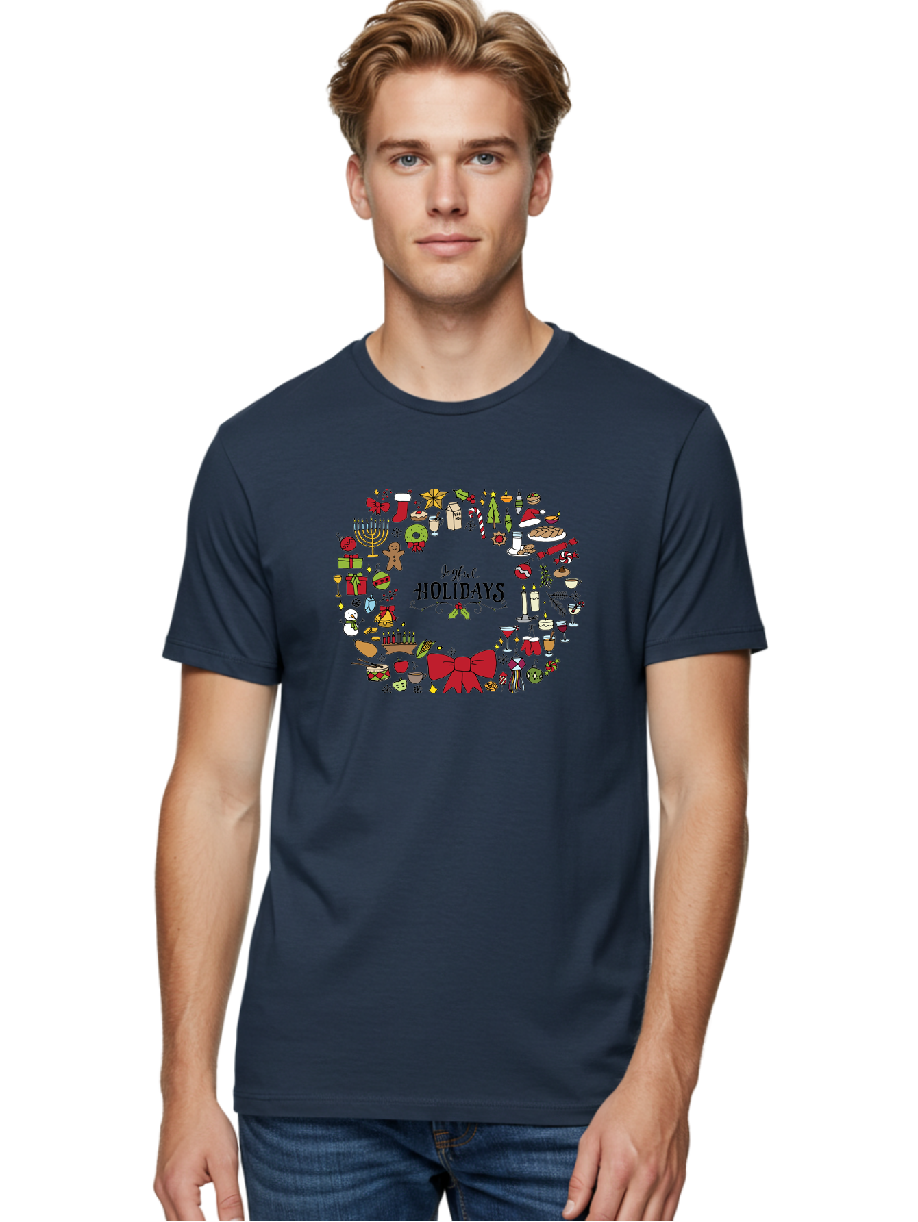 Joyful-Holidays Men'S Graphic Tee, 100% Cotton, Comfortable Casual Summer Wear, Machine Washable, Christmas Wreath, Holiday Decorations, Festive Icons, Joyful Holidays, Christmas Gifts, Holiday Treats, Menorah, Christmas Stocking, -  Aaa957 26