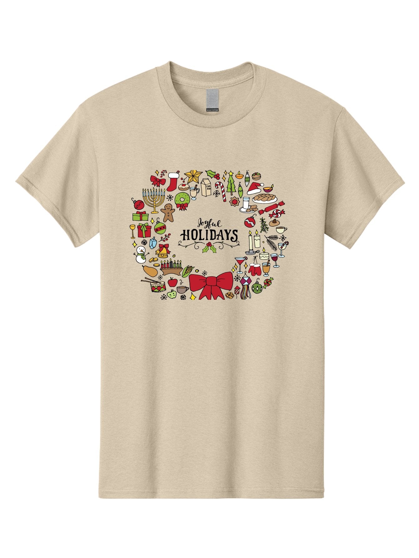 Joyful-Holidays Men'S Graphic Tee, 100% Cotton, Comfortable Casual Summer Wear, Machine Washable, Christmas Wreath, Holiday Decorations, Festive Icons, Joyful Holidays, Christmas Gifts, Holiday Treats, Menorah, Christmas Stocking, -  Aaa957 13