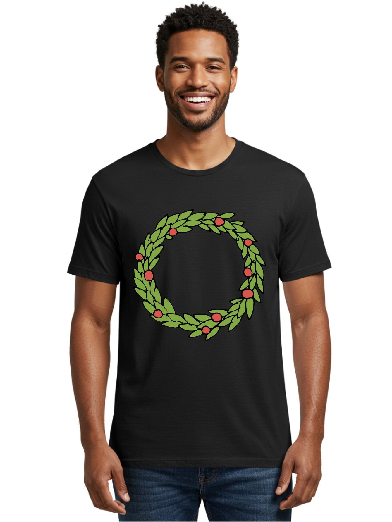 Laurel-Wreath Men'S Graphic Tee, 100% Cotton, Comfortable Casual Summer Wear, Machine Washable, Laurel Wreath, Green Leaves, Red Berries, Circular Design, Symbolic Motif, Traditional Emblem, Vintage Decoration, Classic Iconography, -  Aaa960 20