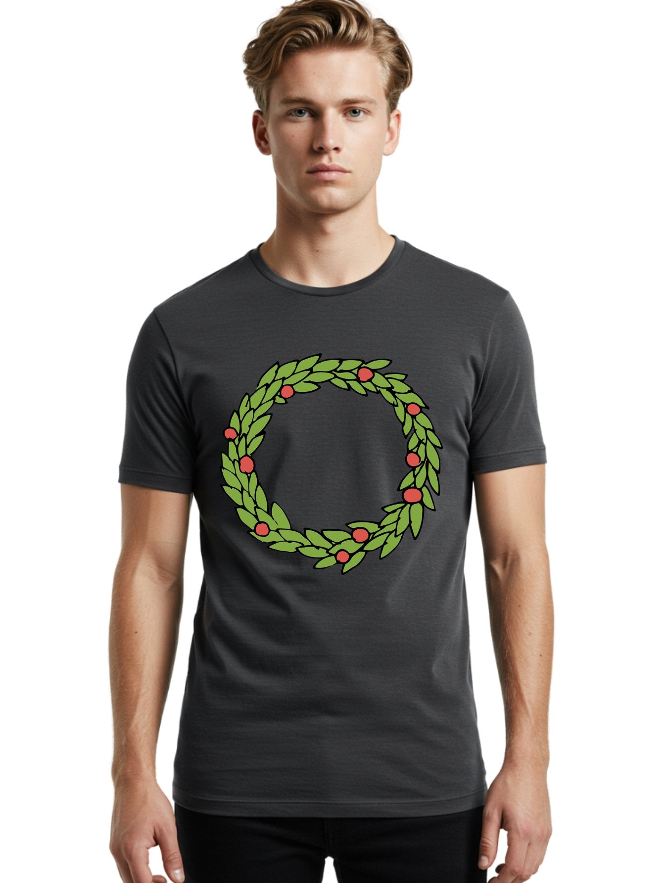 Laurel-Wreath Men'S Graphic Tee, 100% Cotton, Comfortable Casual Summer Wear, Machine Washable, Laurel Wreath, Green Leaves, Red Berries, Circular Design, Symbolic Motif, Traditional Emblem, Vintage Decoration, Classic Iconography, -  Aaa960 17
