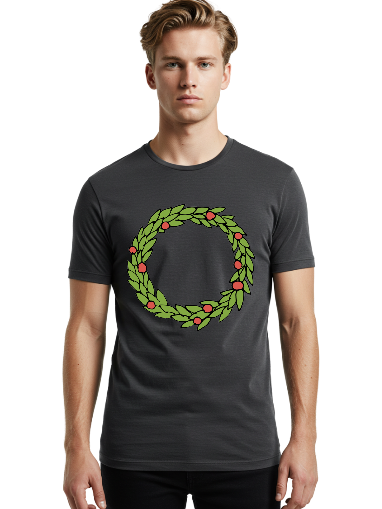 Laurel-Wreath Men'S Graphic Tee, 100% Cotton, Comfortable Casual Summer Wear, Machine Washable, Laurel Wreath, Green Leaves, Red Berries, Circular Design, Symbolic Motif, Traditional Emblem, Vintage Decoration, Classic Iconography, -  Aaa960 4