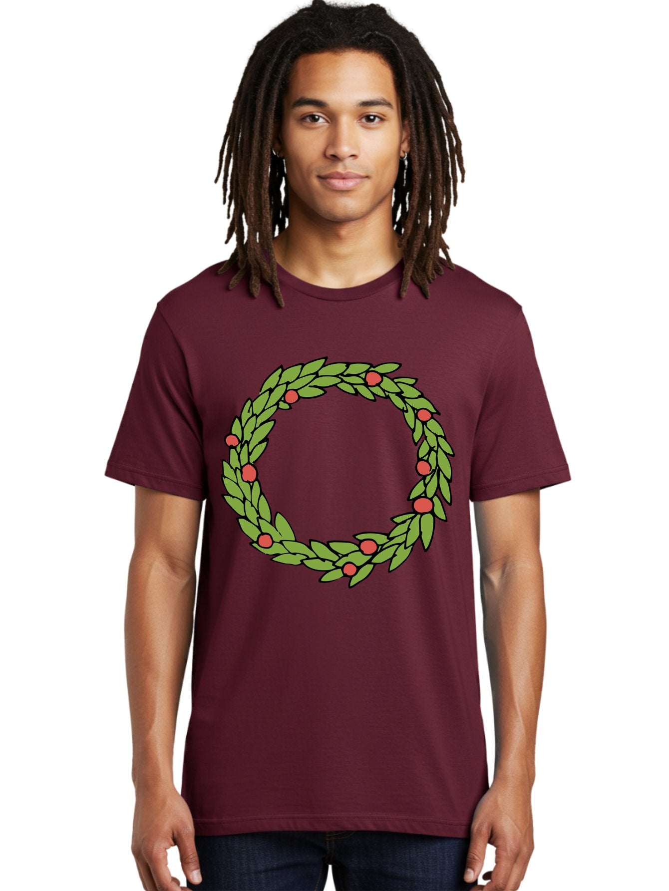 Laurel-Wreath Men'S Graphic Tee, 100% Cotton, Comfortable Casual Summer Wear, Machine Washable, Laurel Wreath, Green Leaves, Red Berries, Circular Design, Symbolic Motif, Traditional Emblem, Vintage Decoration, Classic Iconography, -  Aaa960 23