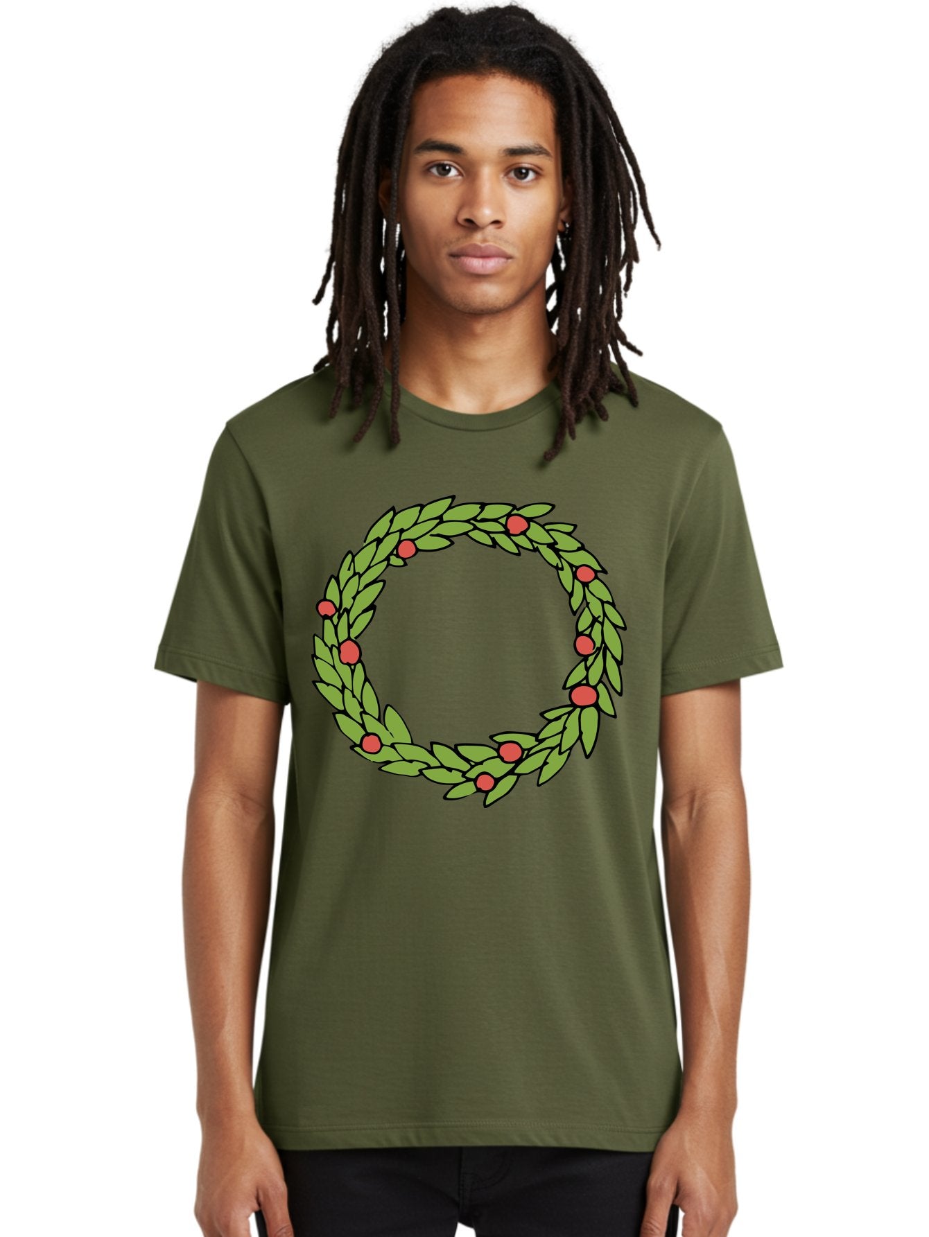 Laurel-Wreath Men'S Graphic Tee, 100% Cotton, Comfortable Casual Summer Wear, Machine Washable, Laurel Wreath, Green Leaves, Red Berries, Circular Design, Symbolic Motif, Traditional Emblem, Vintage Decoration, Classic Iconography, -  Aaa960 22
