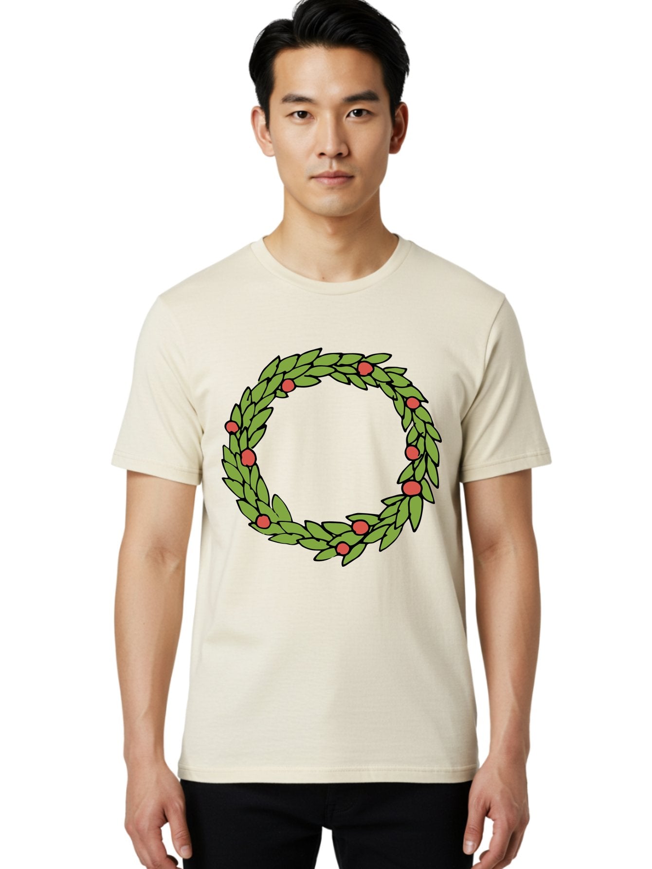 Laurel-Wreath Men'S Graphic Tee, 100% Cotton, Comfortable Casual Summer Wear, Machine Washable, Laurel Wreath, Green Leaves, Red Berries, Circular Design, Symbolic Motif, Traditional Emblem, Vintage Decoration, Classic Iconography, -  Aaa960 24