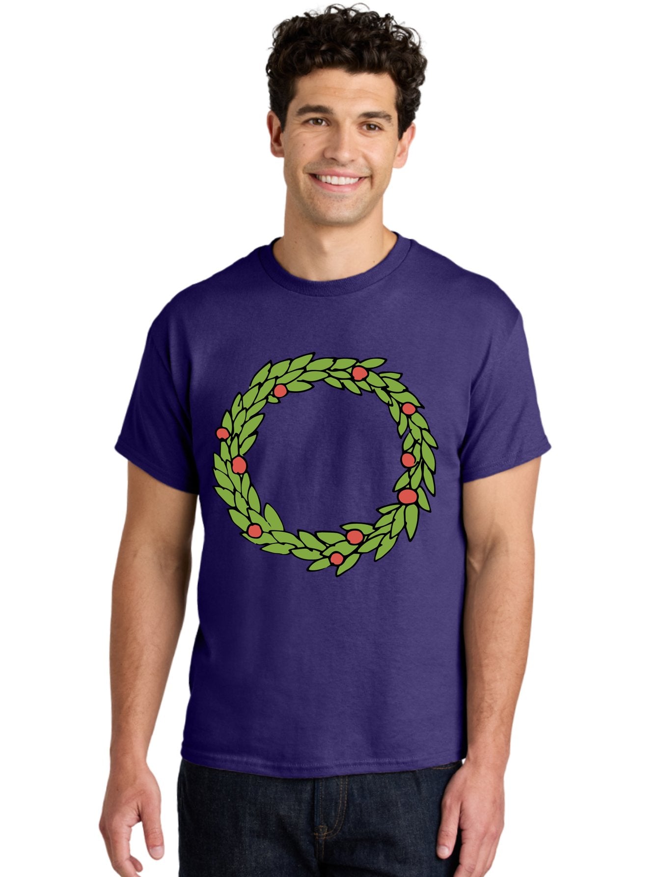 Laurel-Wreath Men'S Graphic Tee, 100% Cotton, Comfortable Casual Summer Wear, Machine Washable, Laurel Wreath, Green Leaves, Red Berries, Circular Design, Symbolic Motif, Traditional Emblem, Vintage Decoration, Classic Iconography, -  Aaa960 25
